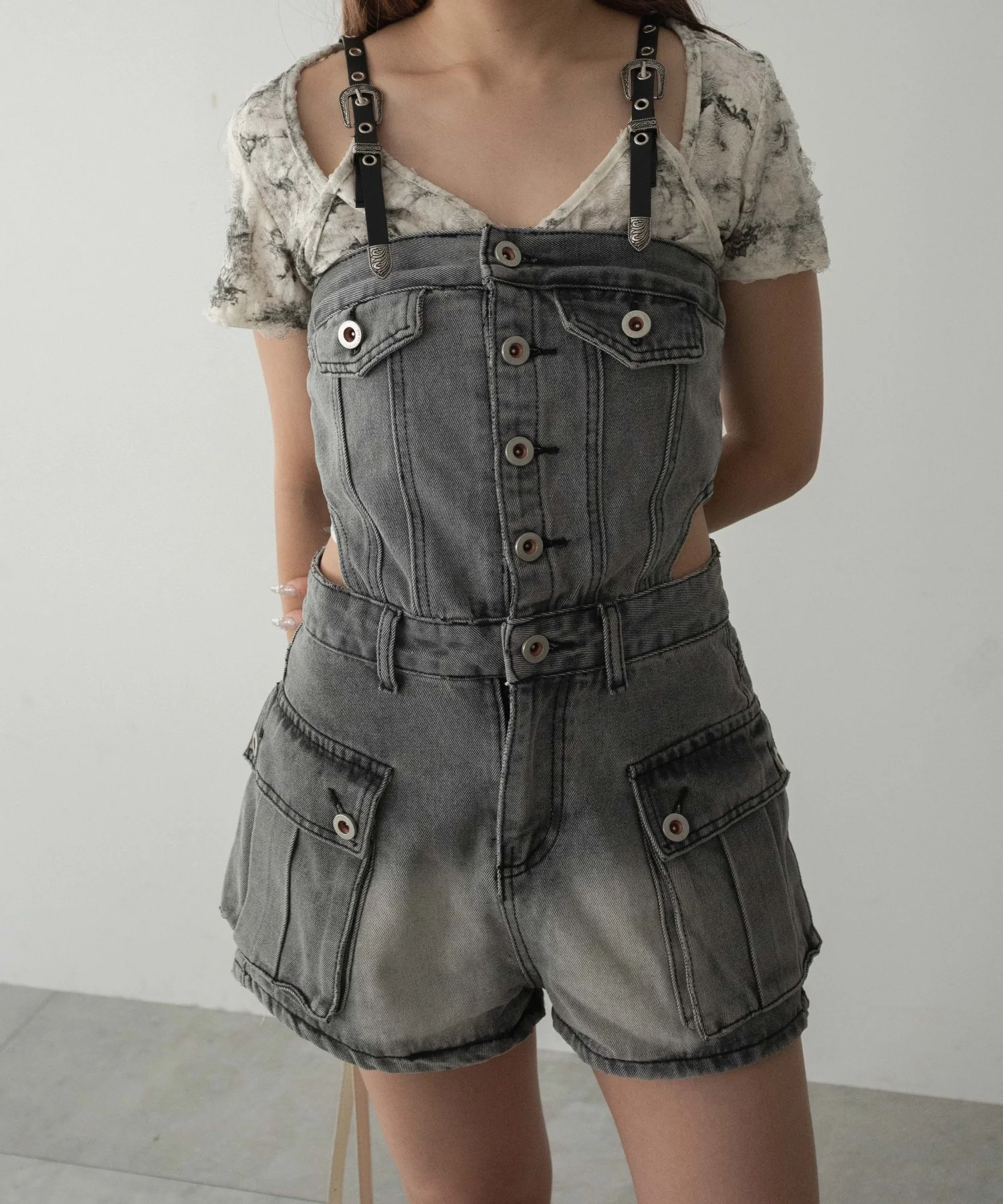 オフショルダーサイド切替デニムスーツ - Image 5