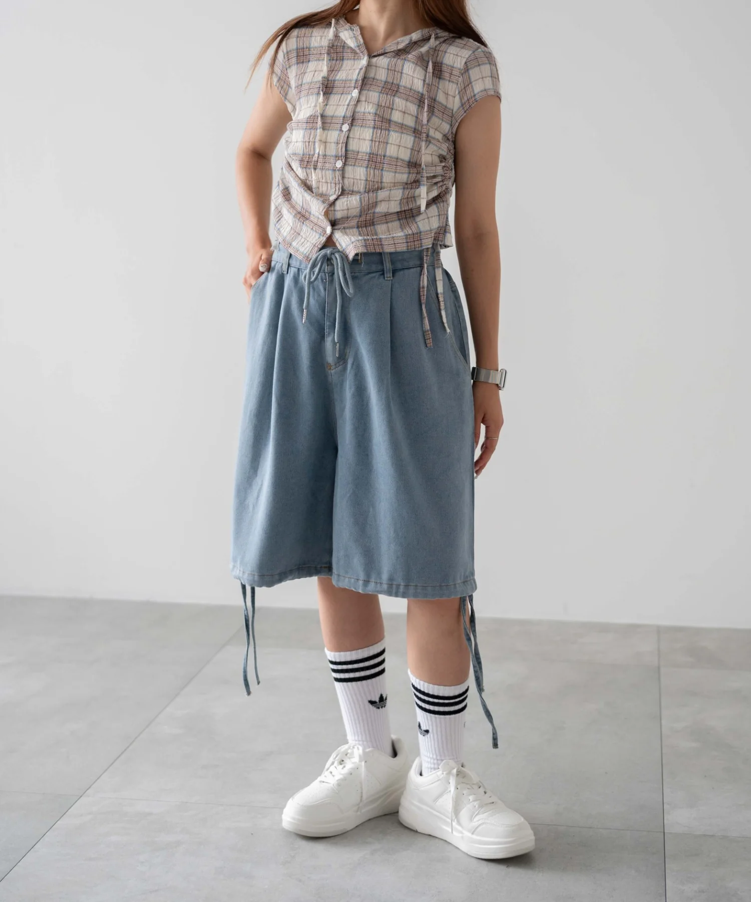 シャーリングリネンフードチェックシャツ - Image 2
