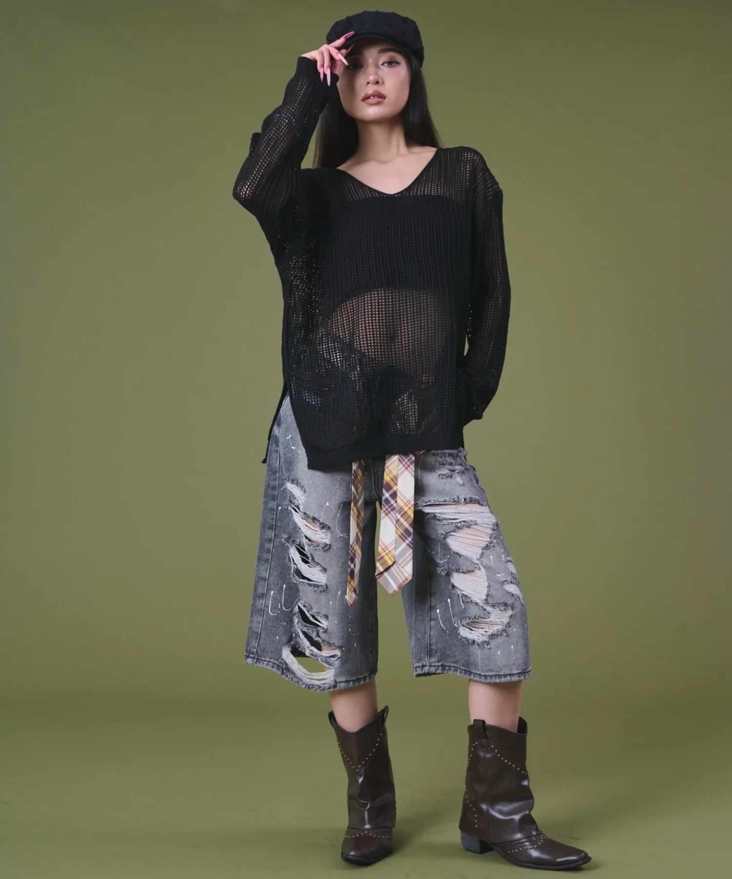 タイ付きダメージハーフデニムパンツ - Image 11