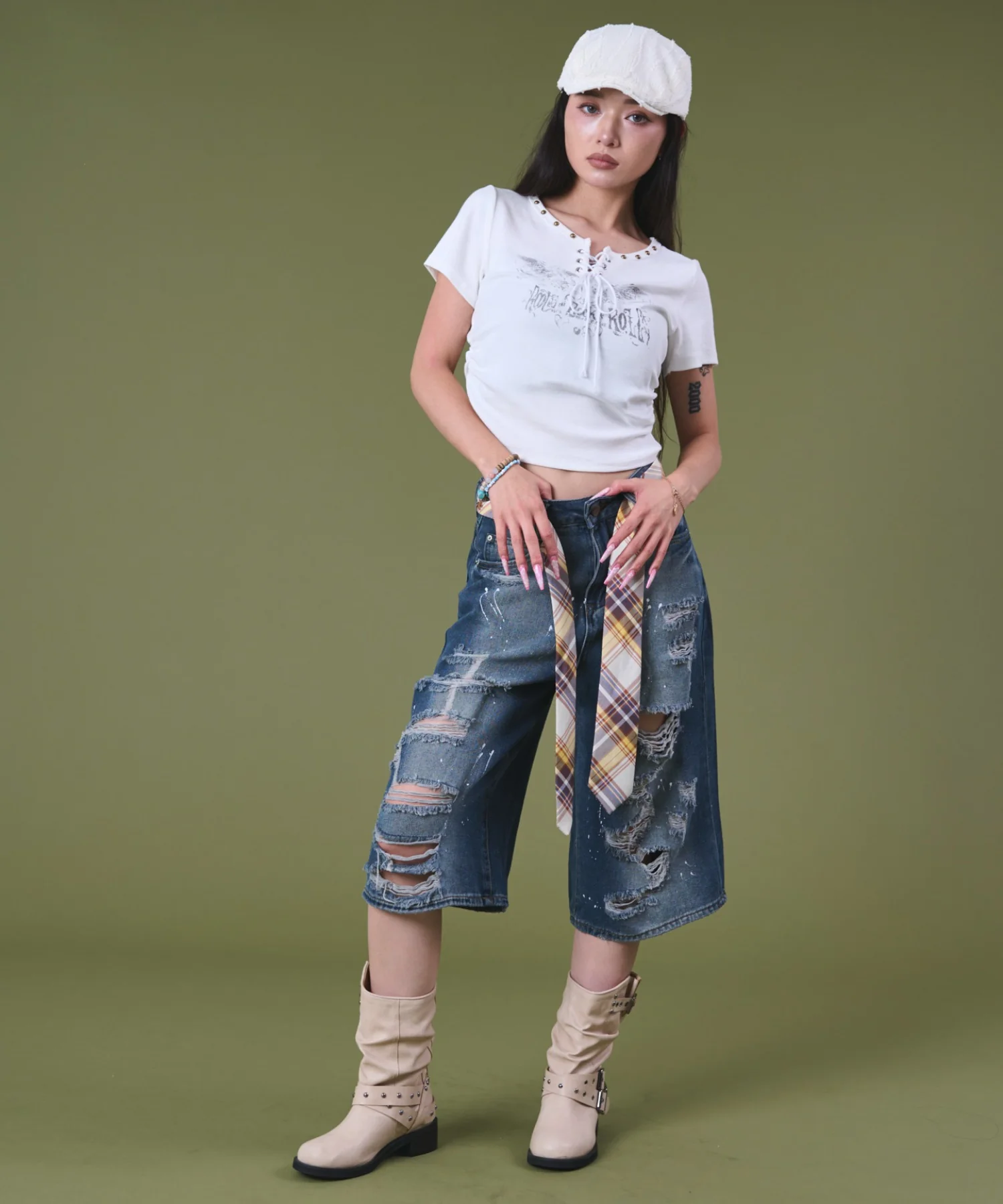 タイ付きダメージハーフデニムパンツ - Image 3