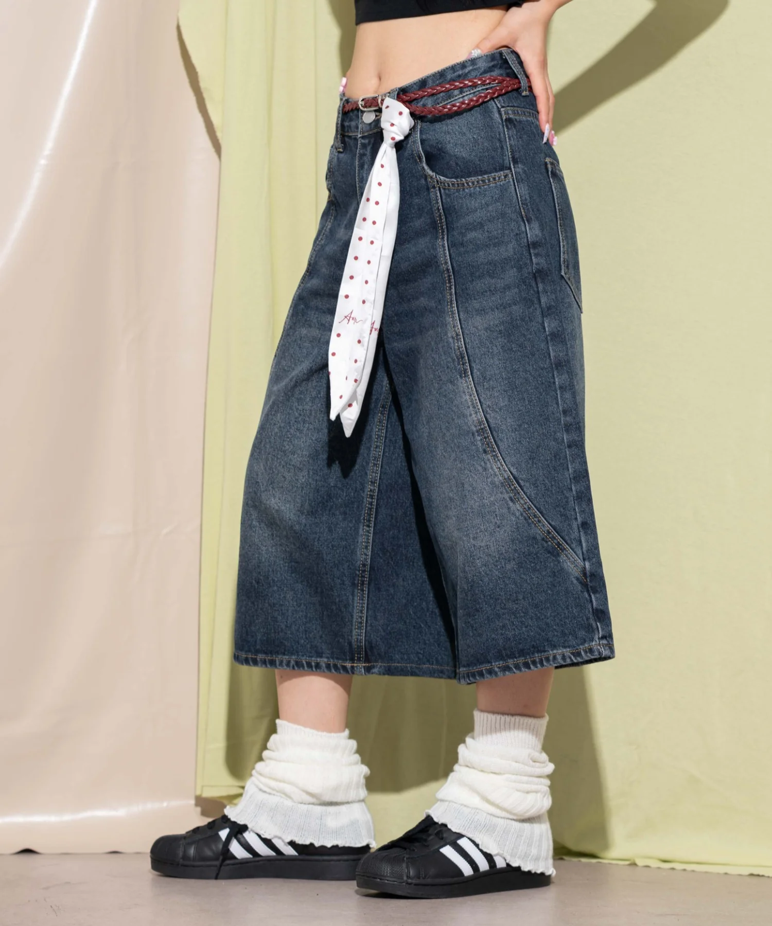 スカーフ付きワイドデニムハーフパンツ - Image 3