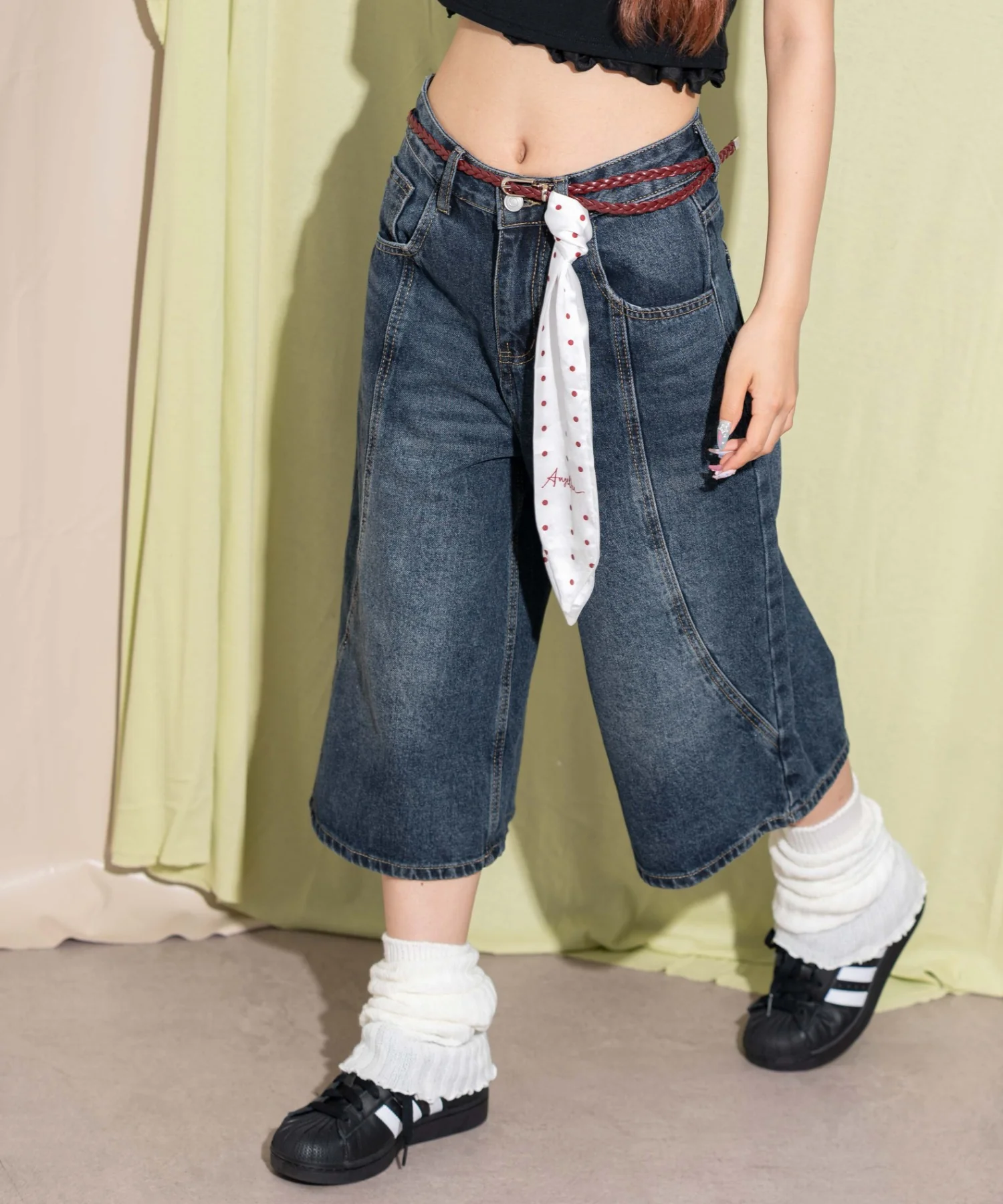 スカーフ付きワイドデニムハーフパンツ - Image 5