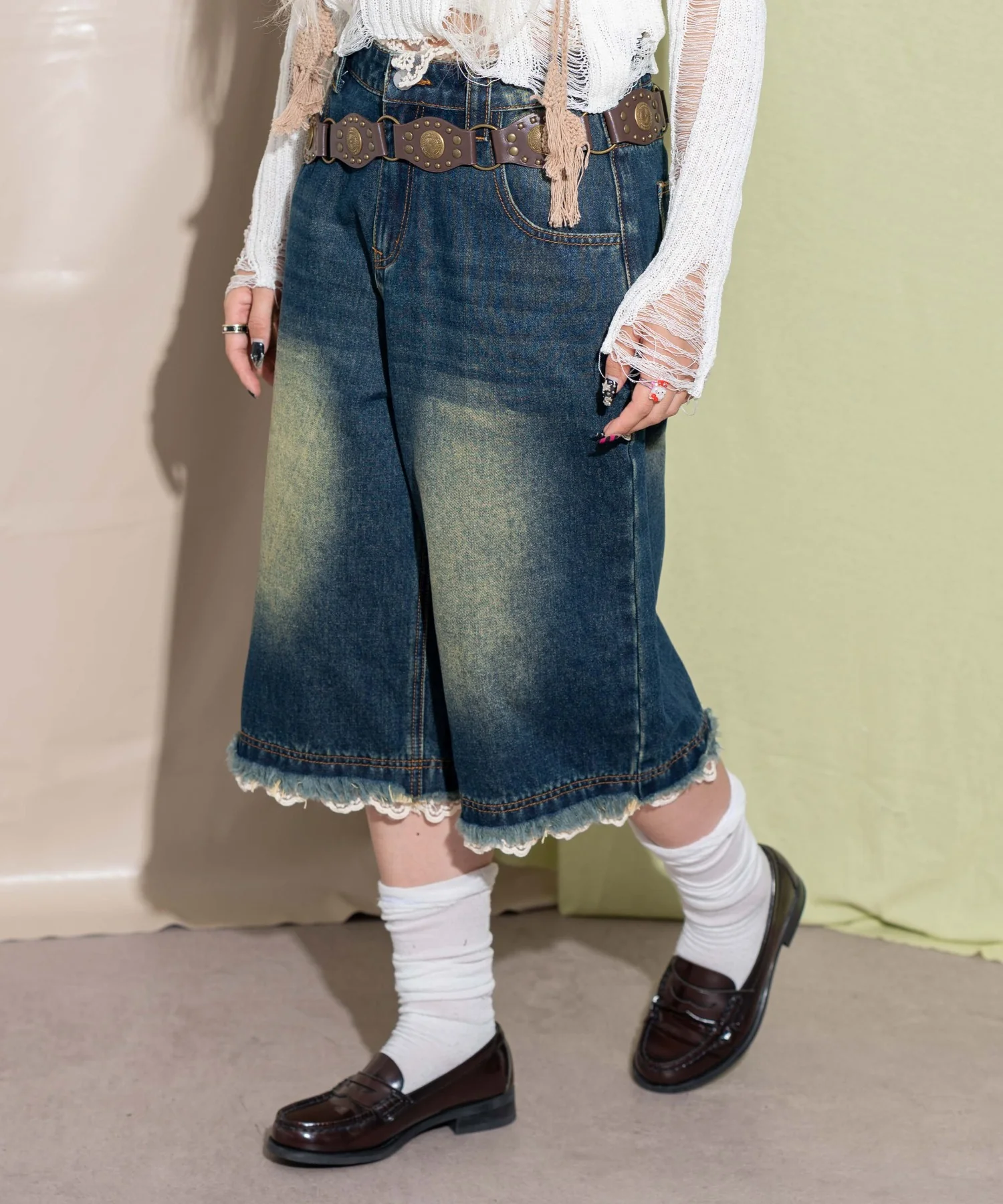 ウォッシュドレースデニムハーフパンツ