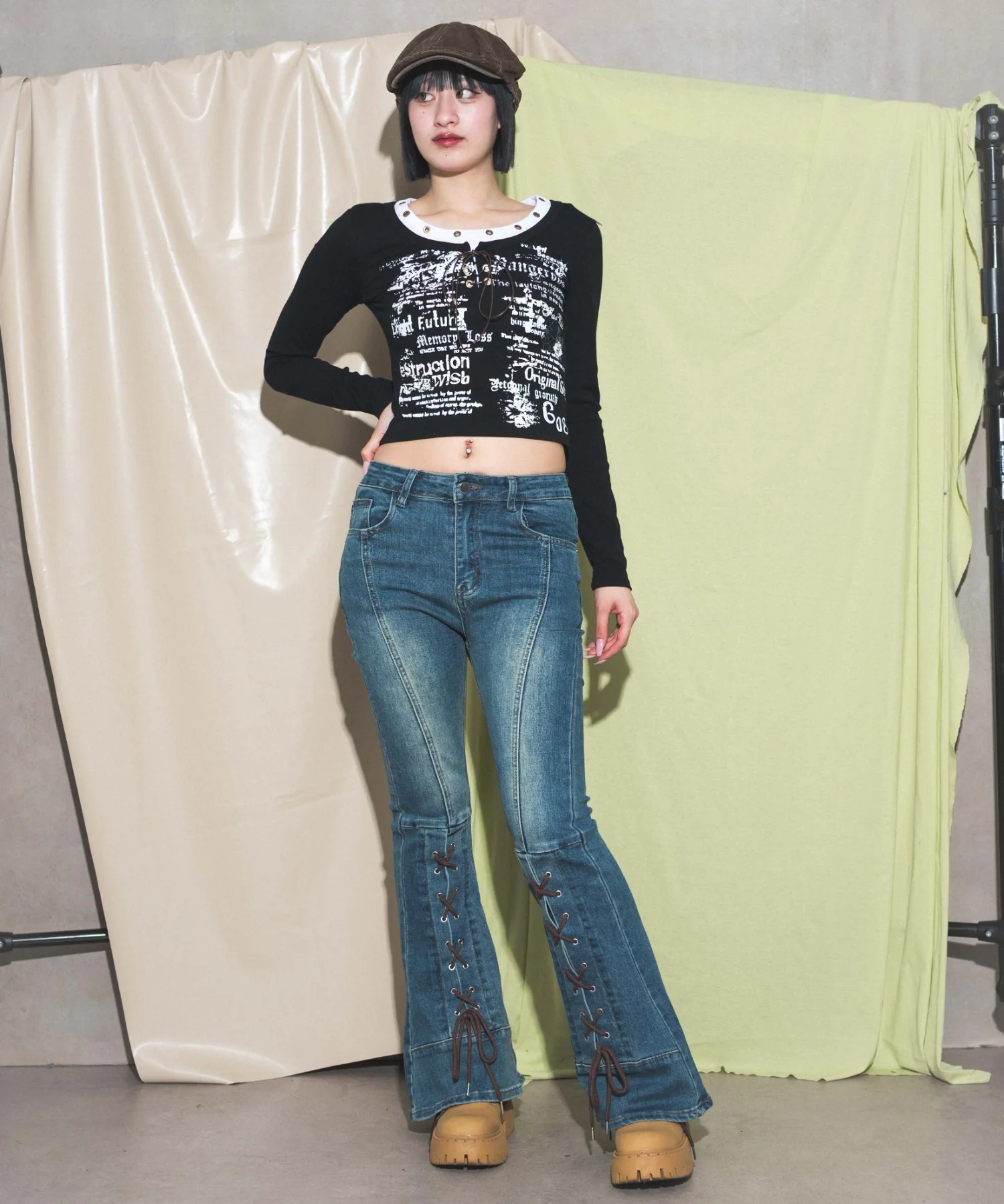 レースアップストレッチフレアデニム - Image 7