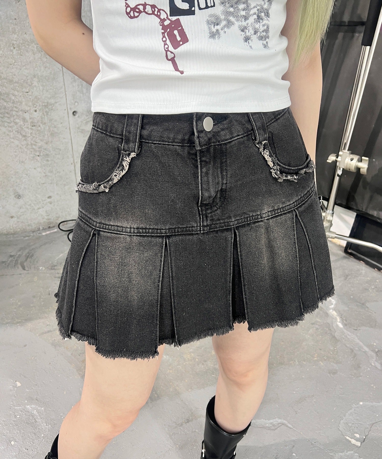 プリーツヘムフリンジデニムミニスカート - Image 29