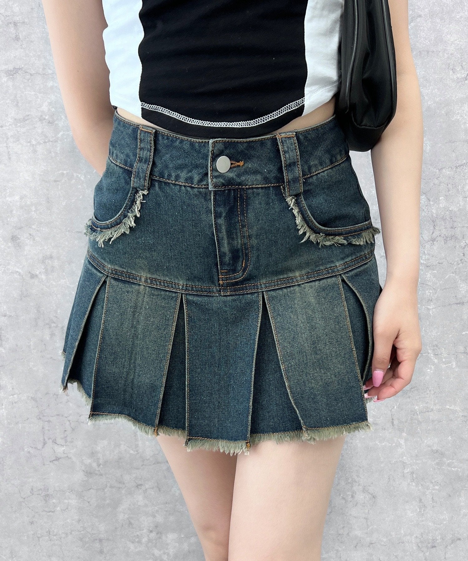 プリーツヘムフリンジデニムミニスカート - Image 3