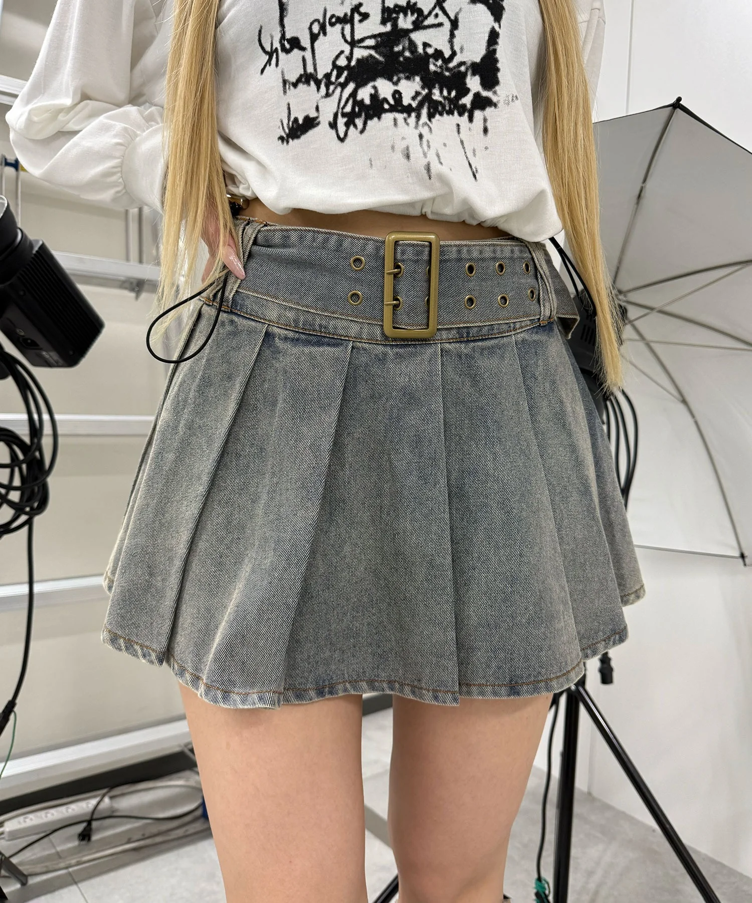 アイレットベルトデニムプリーツミニスカパン - Image 5