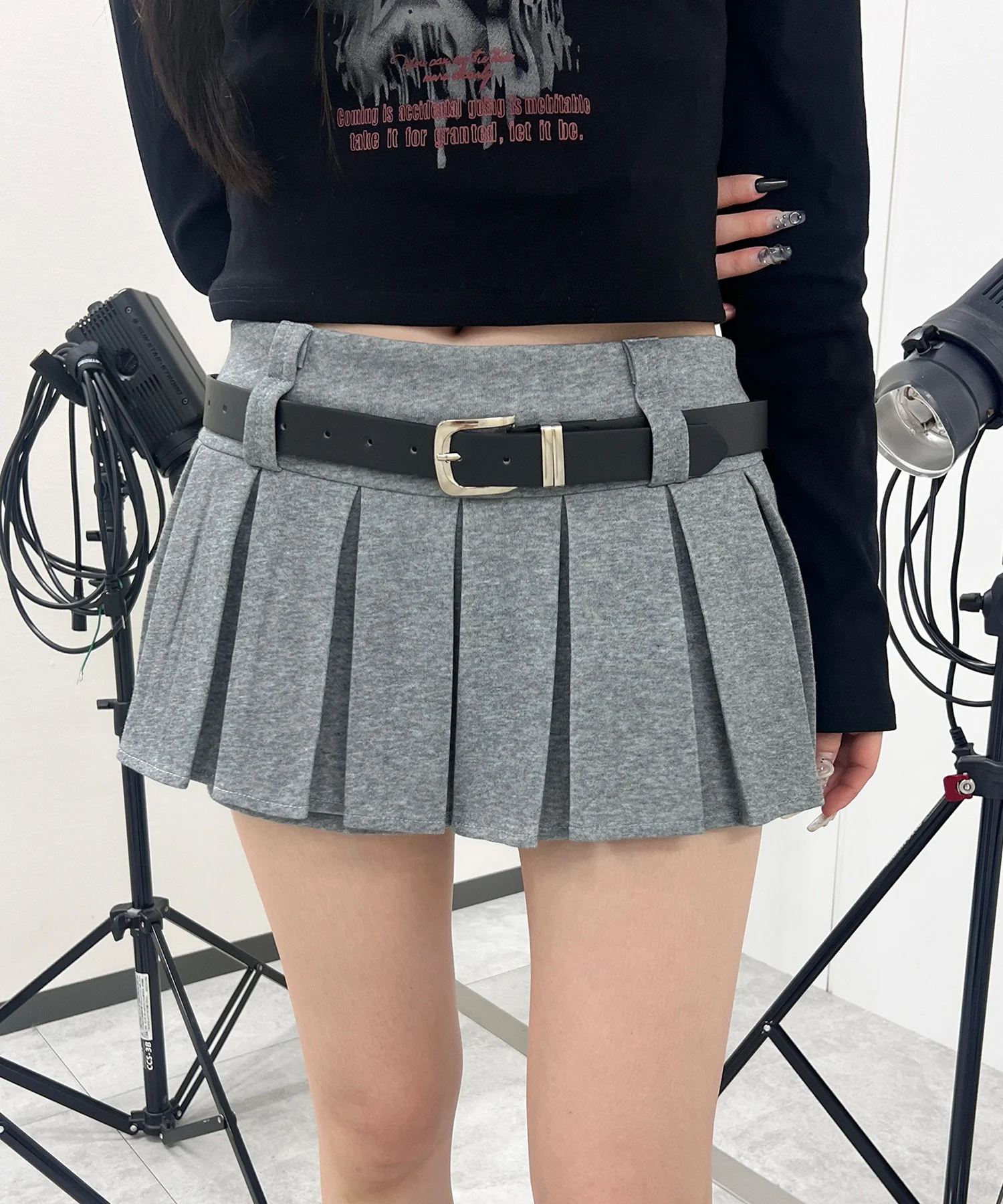 ベルト付きダブルウエストプリーツミニスカパン - Image 3