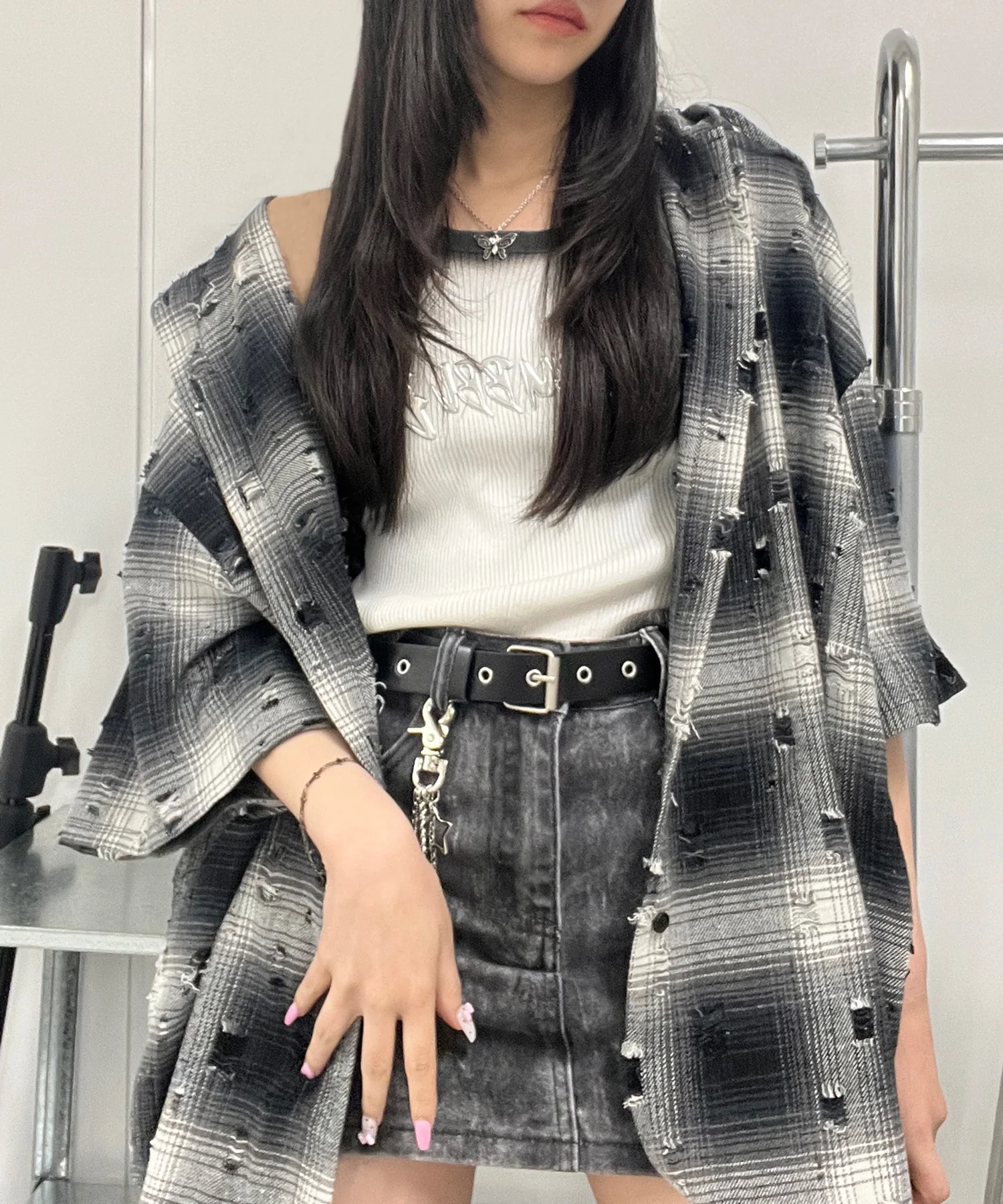 ダメージフード半袖チェックシャツ - Image 11