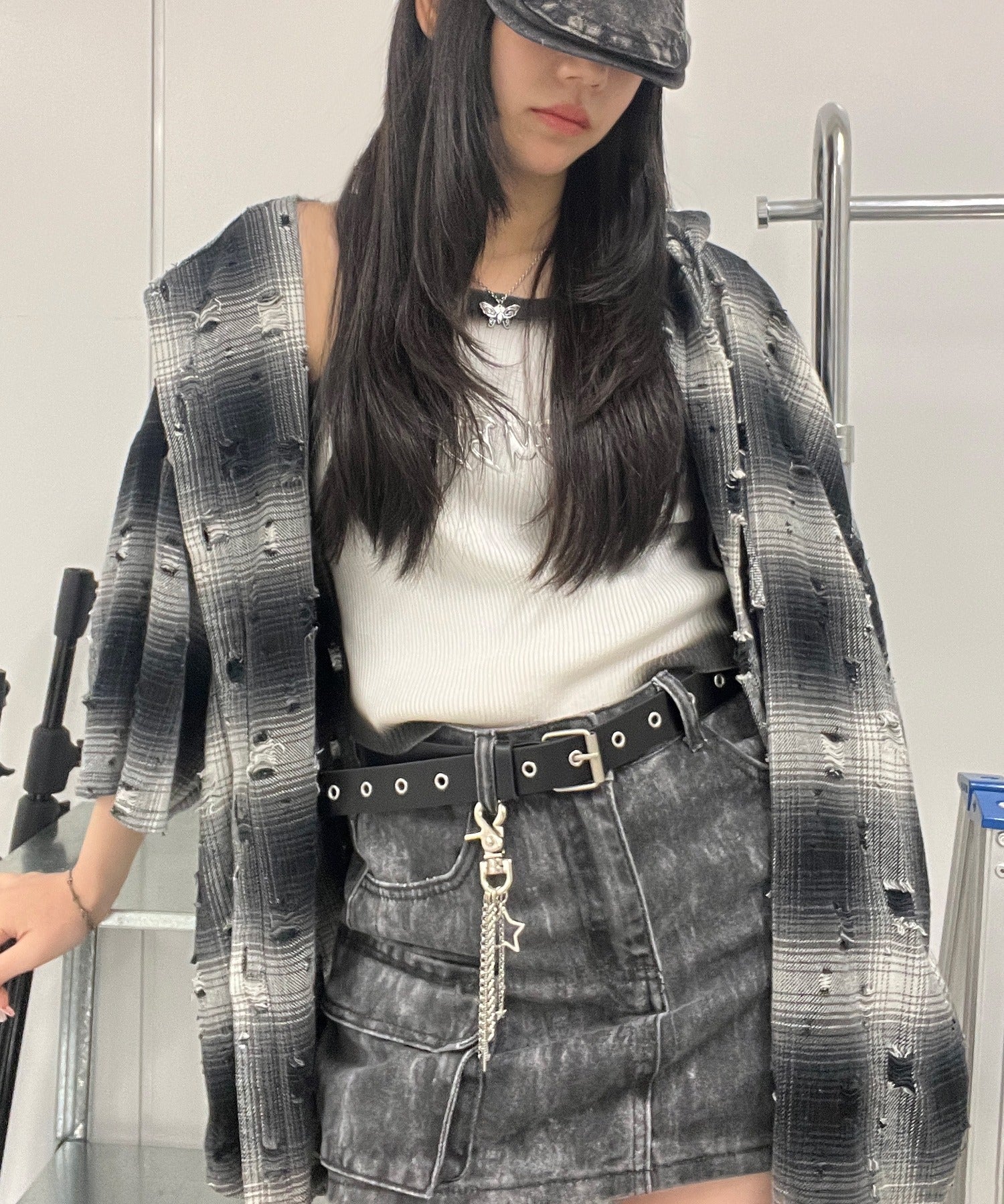 ダメージフード半袖チェックシャツ - Image 2