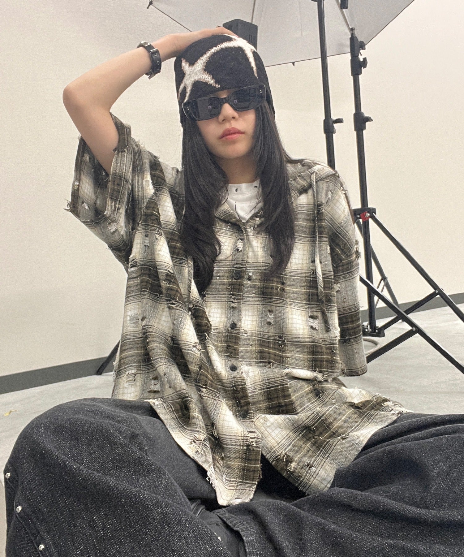 ダメージフード半袖チェックシャツ - Image 4