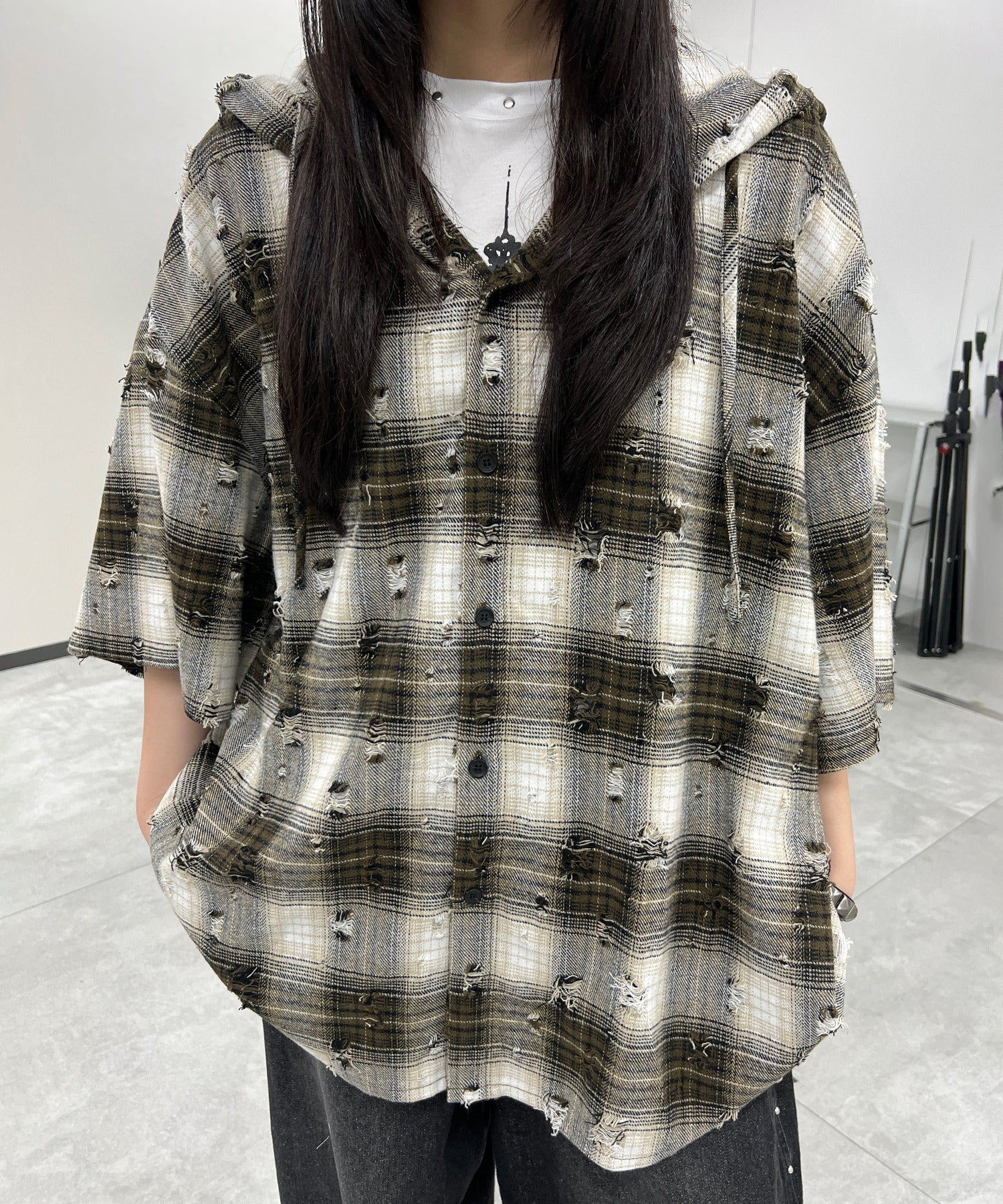 ダメージフード半袖チェックシャツ - Image 5
