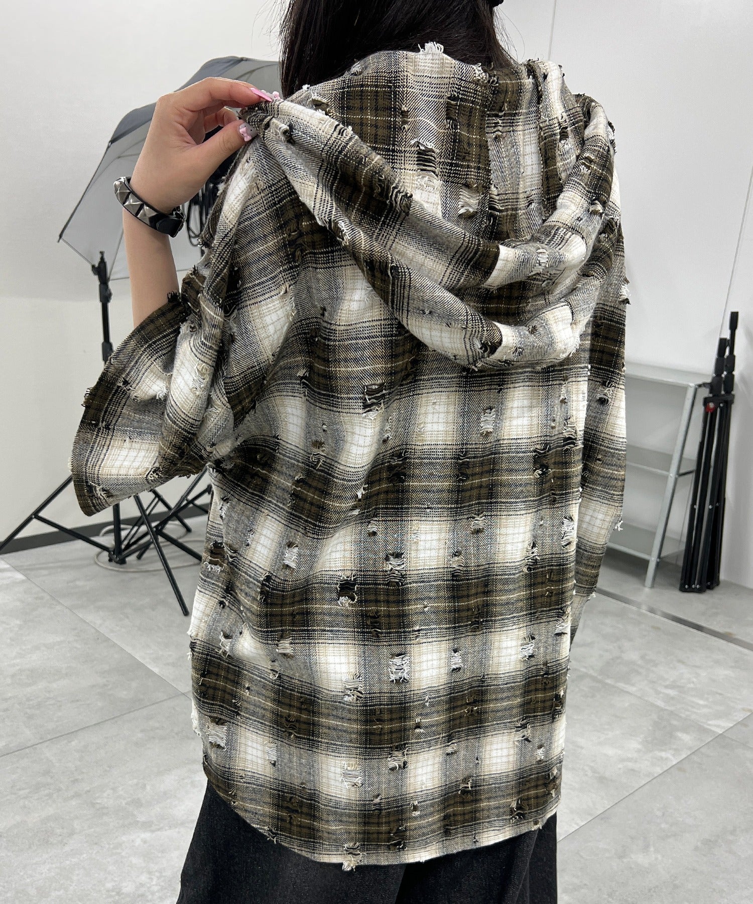 ダメージフード半袖チェックシャツ - Image 6