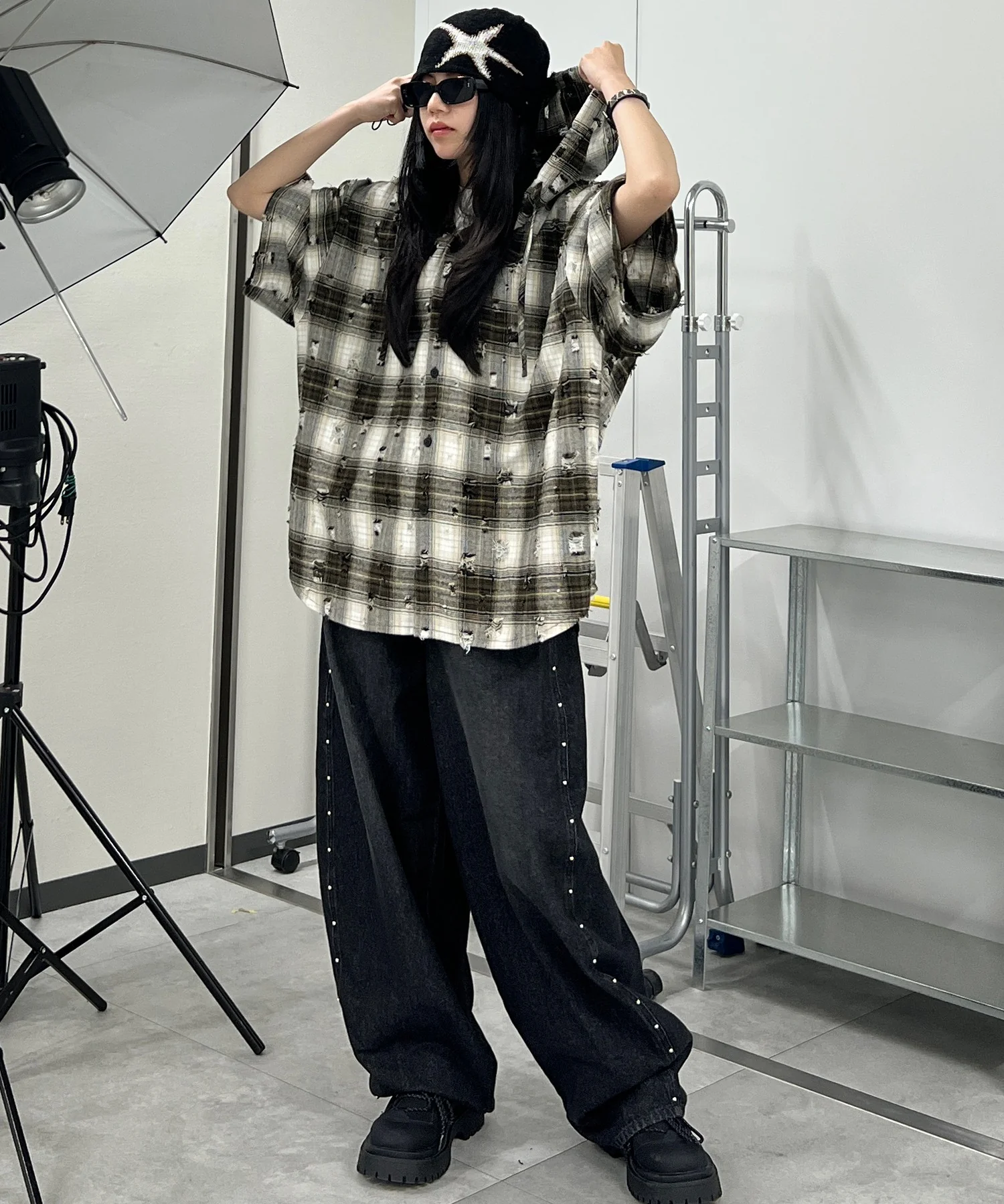 ダメージフード半袖チェックシャツ - Image 7