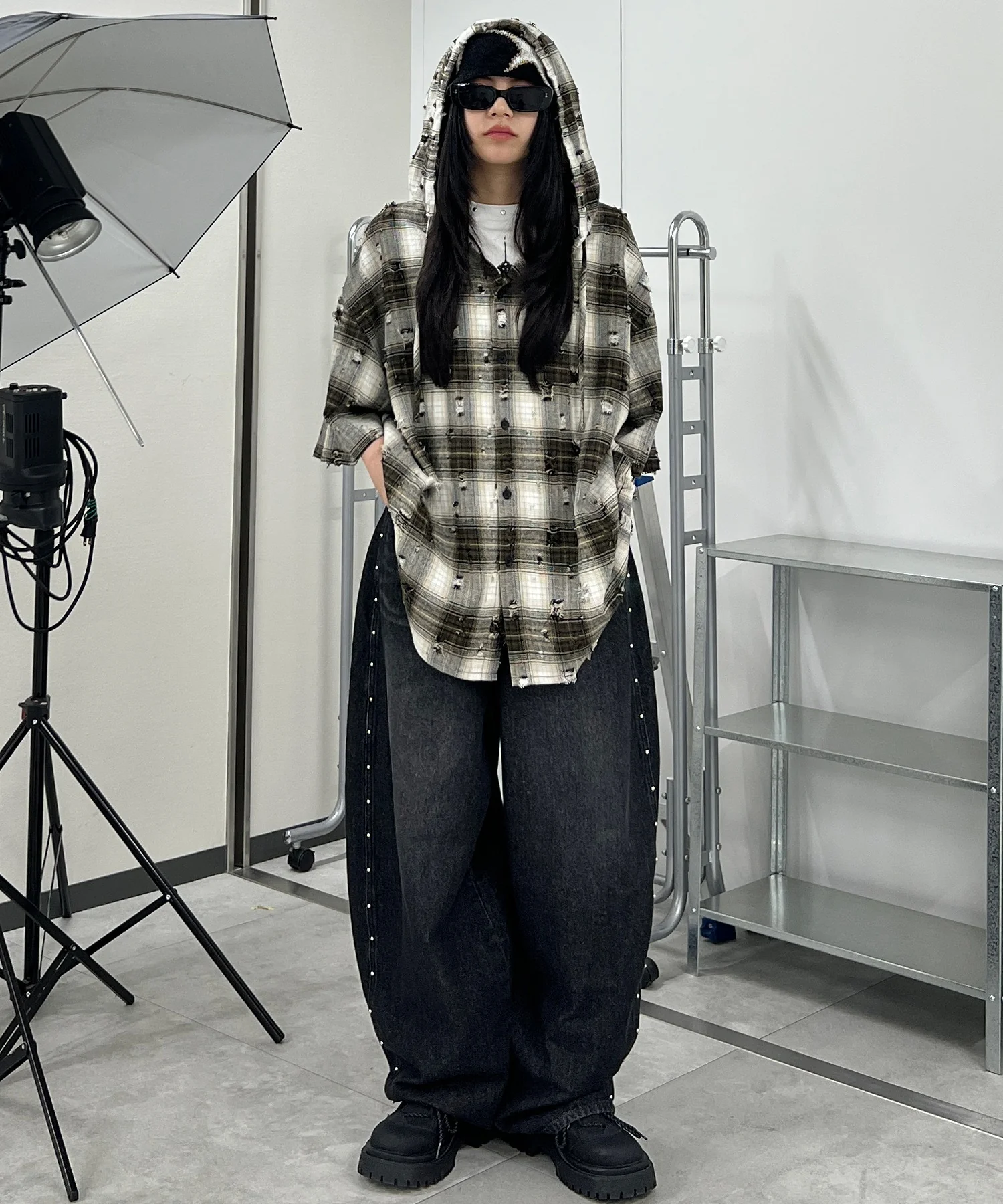 ダメージフード半袖チェックシャツ - Image 8