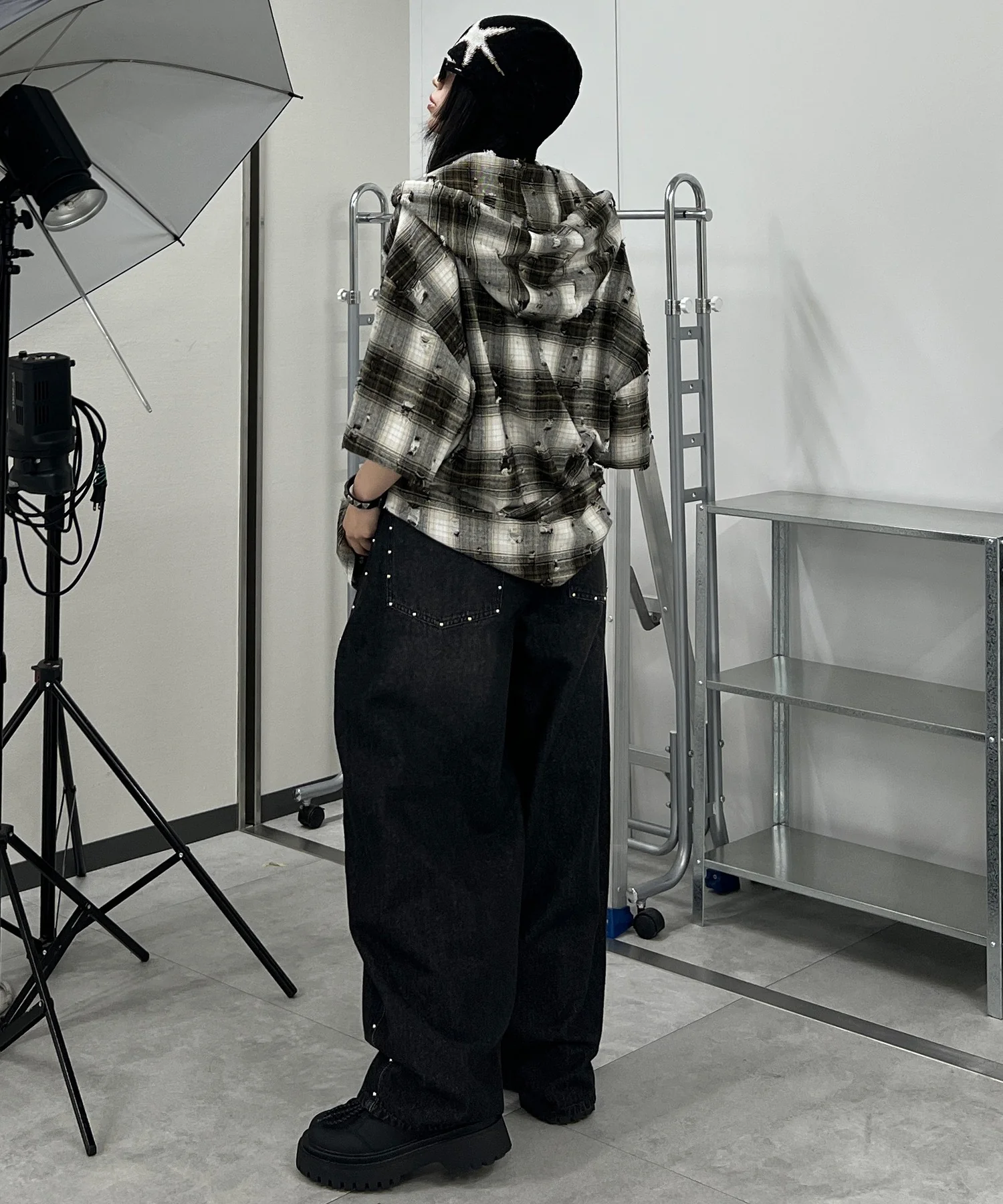 ダメージフード半袖チェックシャツ - Image 9