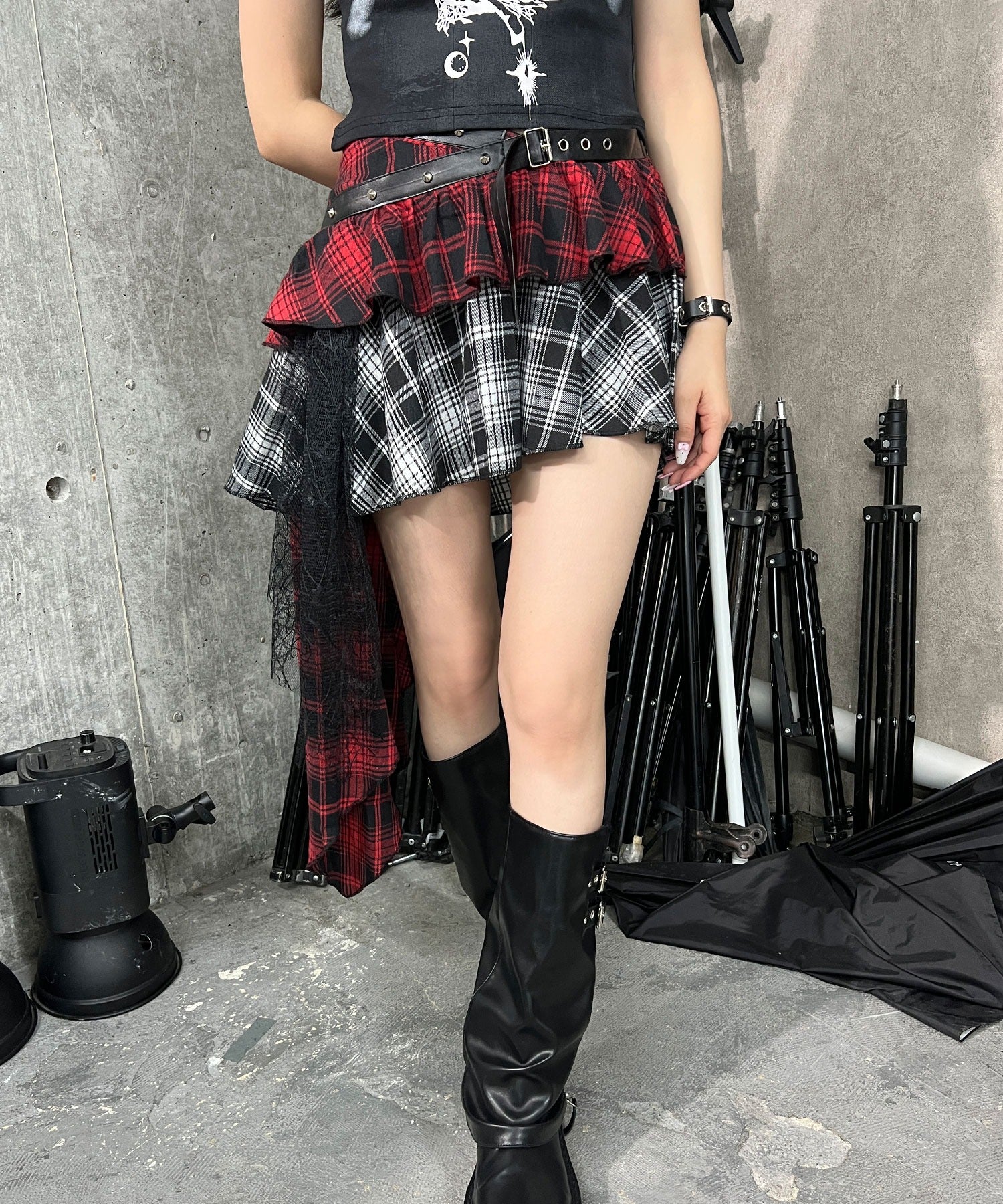 パンクレイヤードチェックイレヘムスカート - Image 2