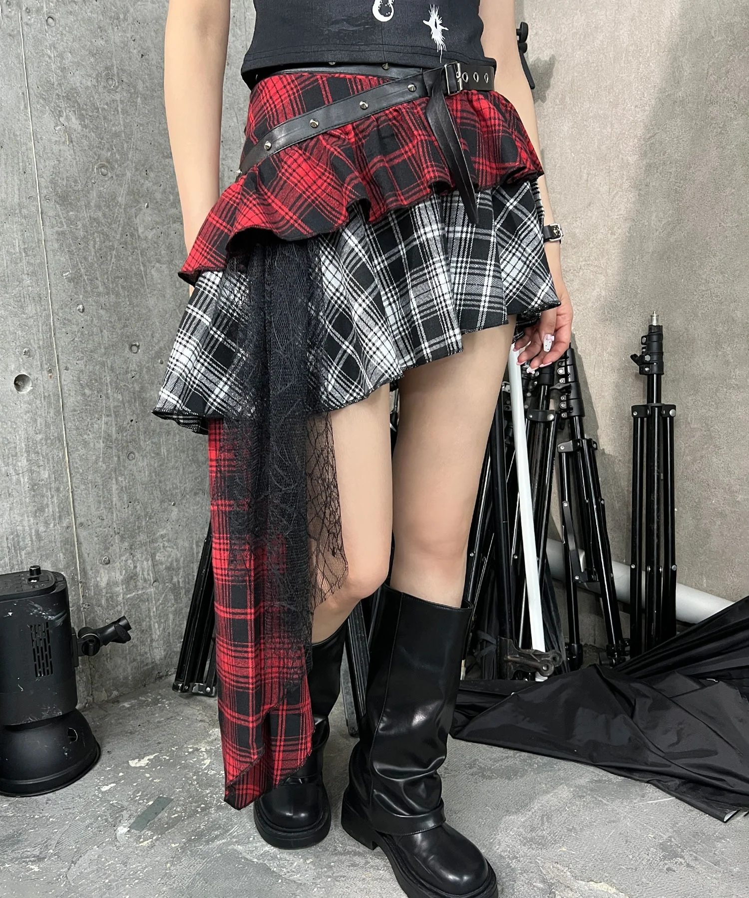パンクレイヤードチェックイレヘムスカート - Image 3