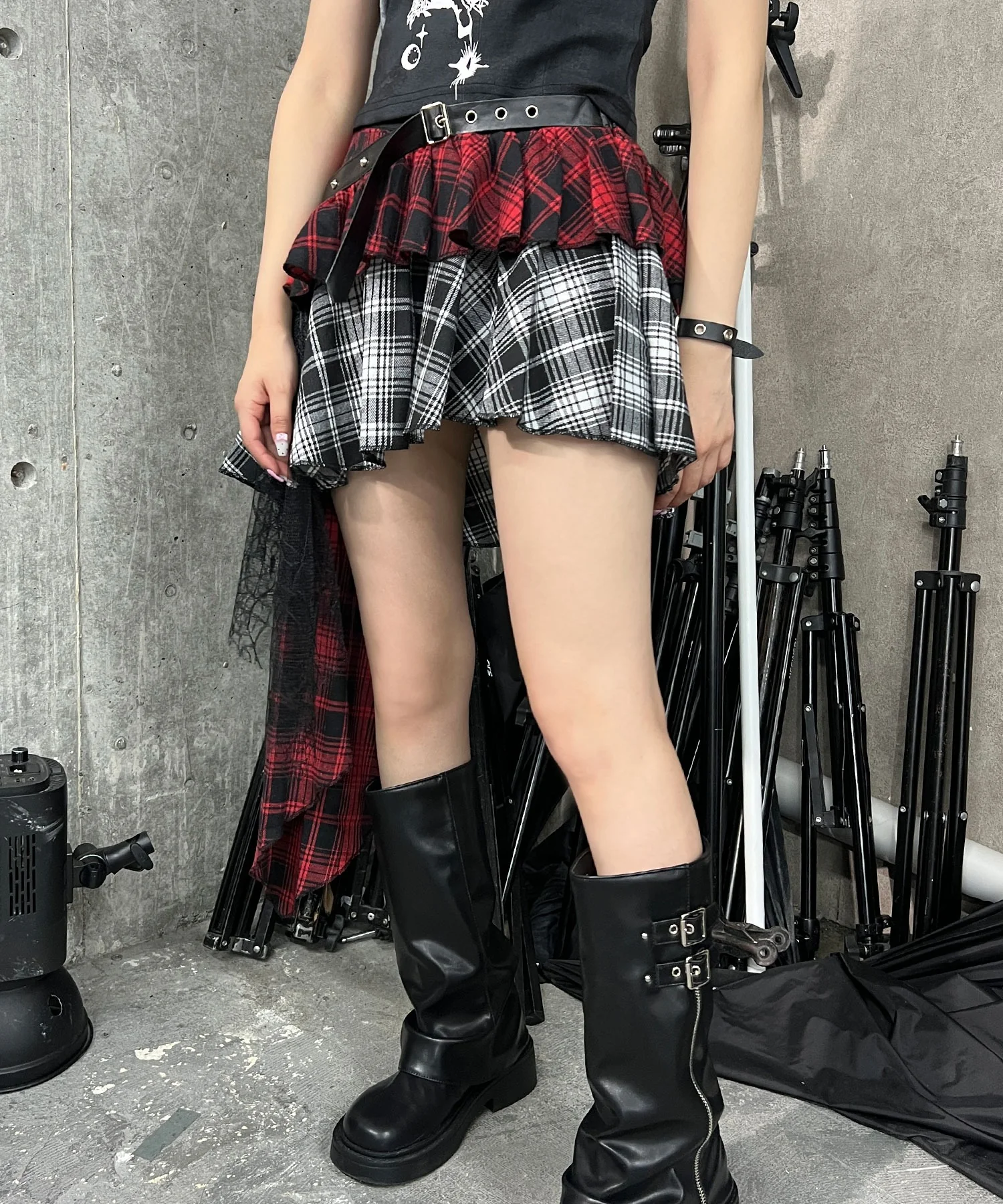 パンクレイヤードチェックイレヘムスカート - Image 4