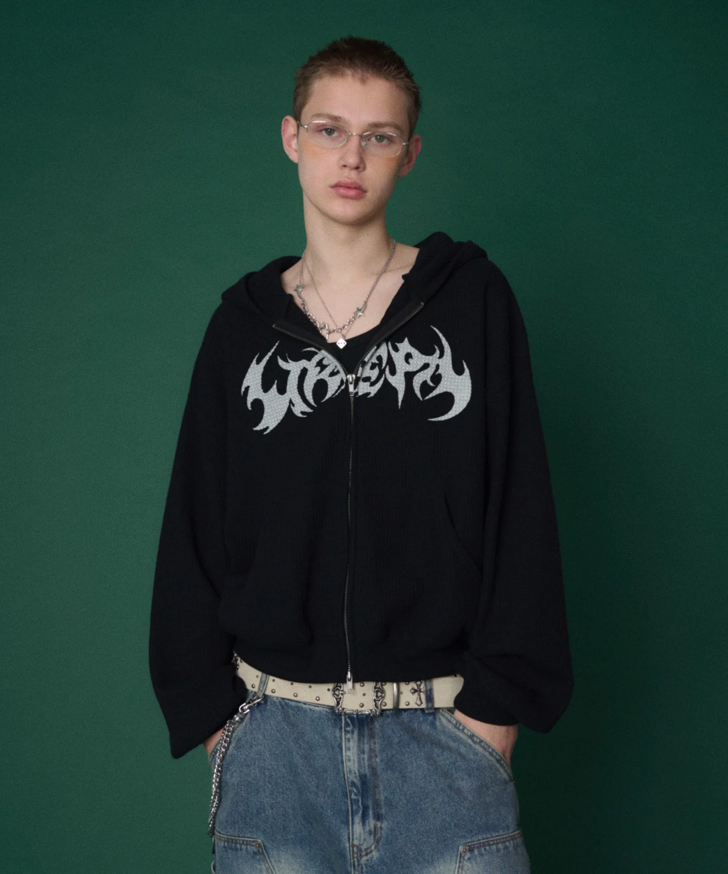 ワッフルグラフィックカットZIPパーカー - Image 16