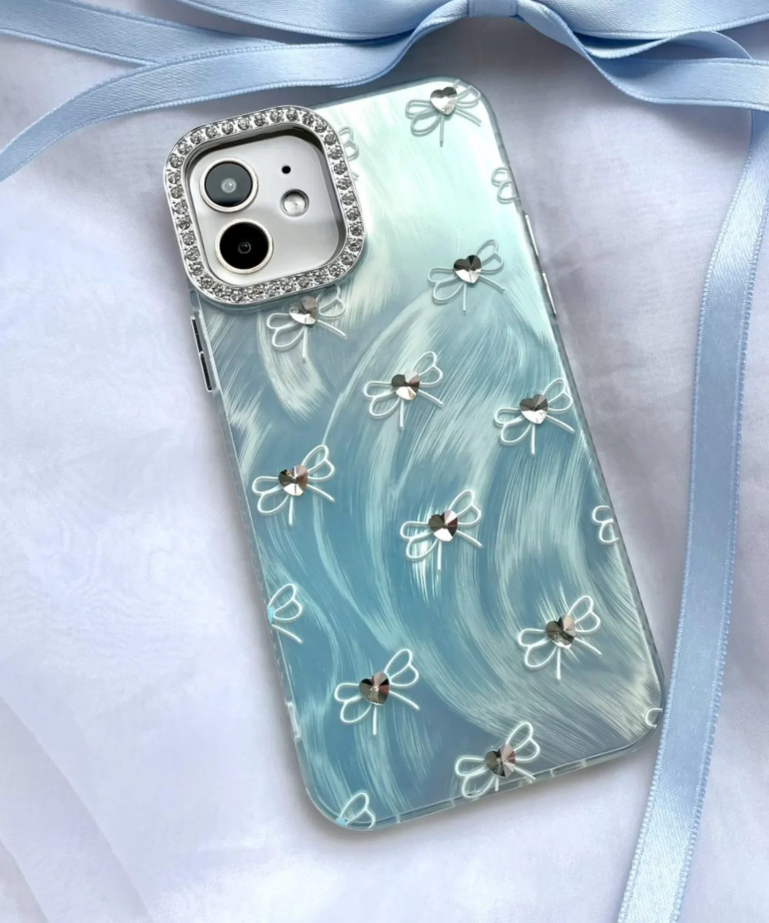 ビジューリボンiphoneケース(サックス)