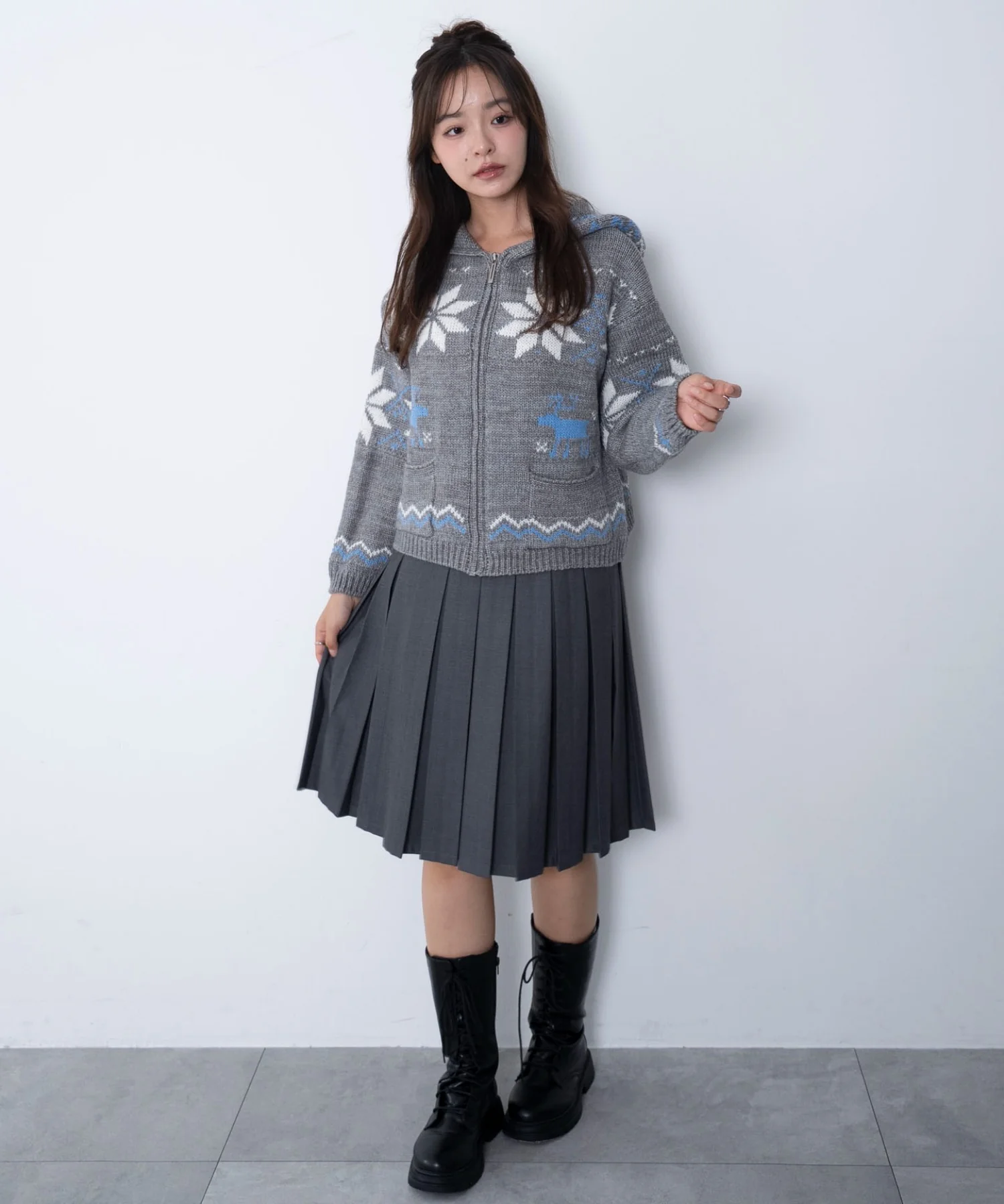 雪柄ZIPフードカーディガン - Image 3