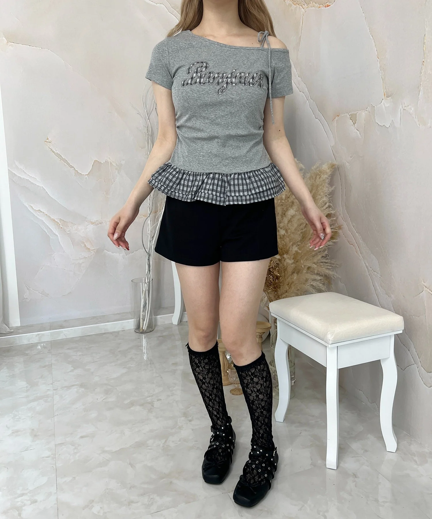 チェックパッチオフショルフリルTシャツ - Image 11