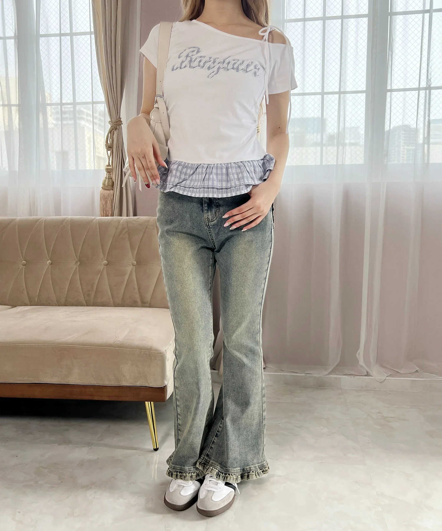 チェックパッチオフショルフリルTシャツ - Image 5