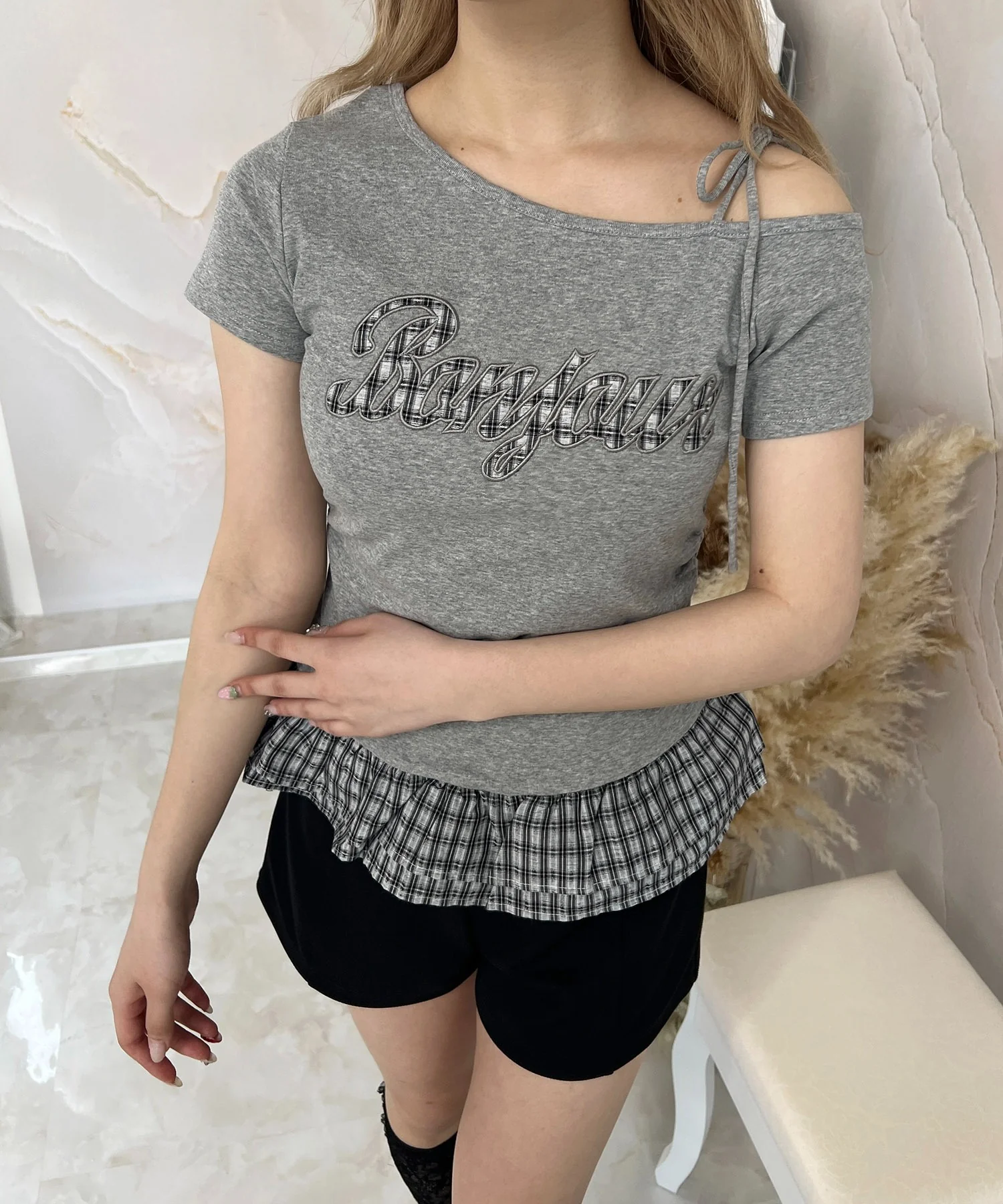 チェックパッチオフショルフリルTシャツ - Image 6
