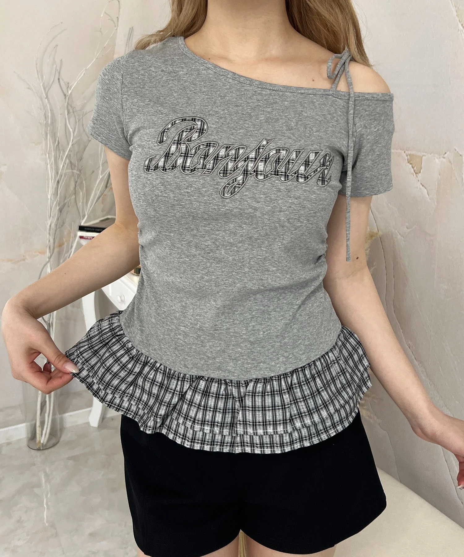 チェックパッチオフショルフリルTシャツ - Image 7
