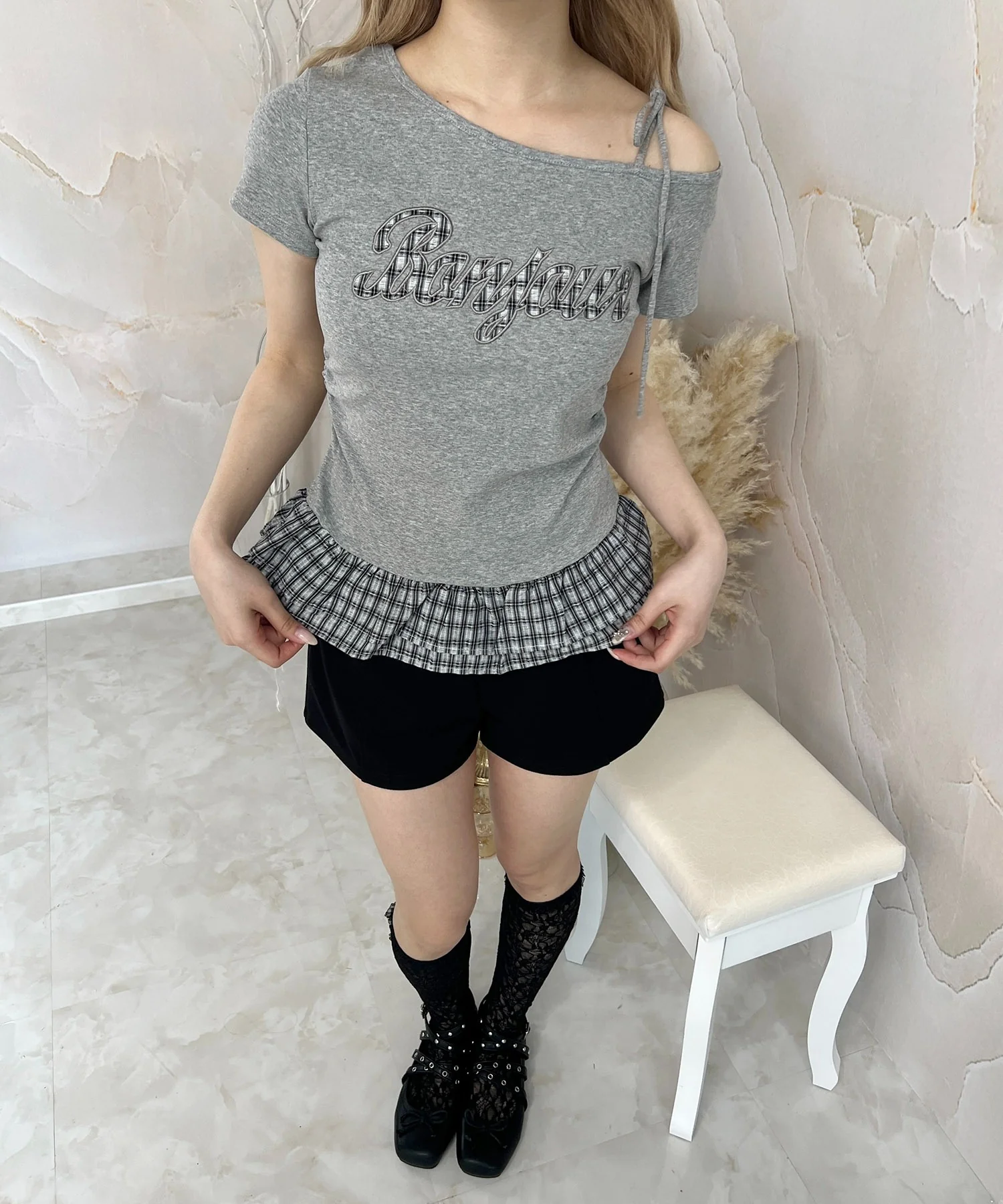 チェックパッチオフショルフリルTシャツ - Image 9