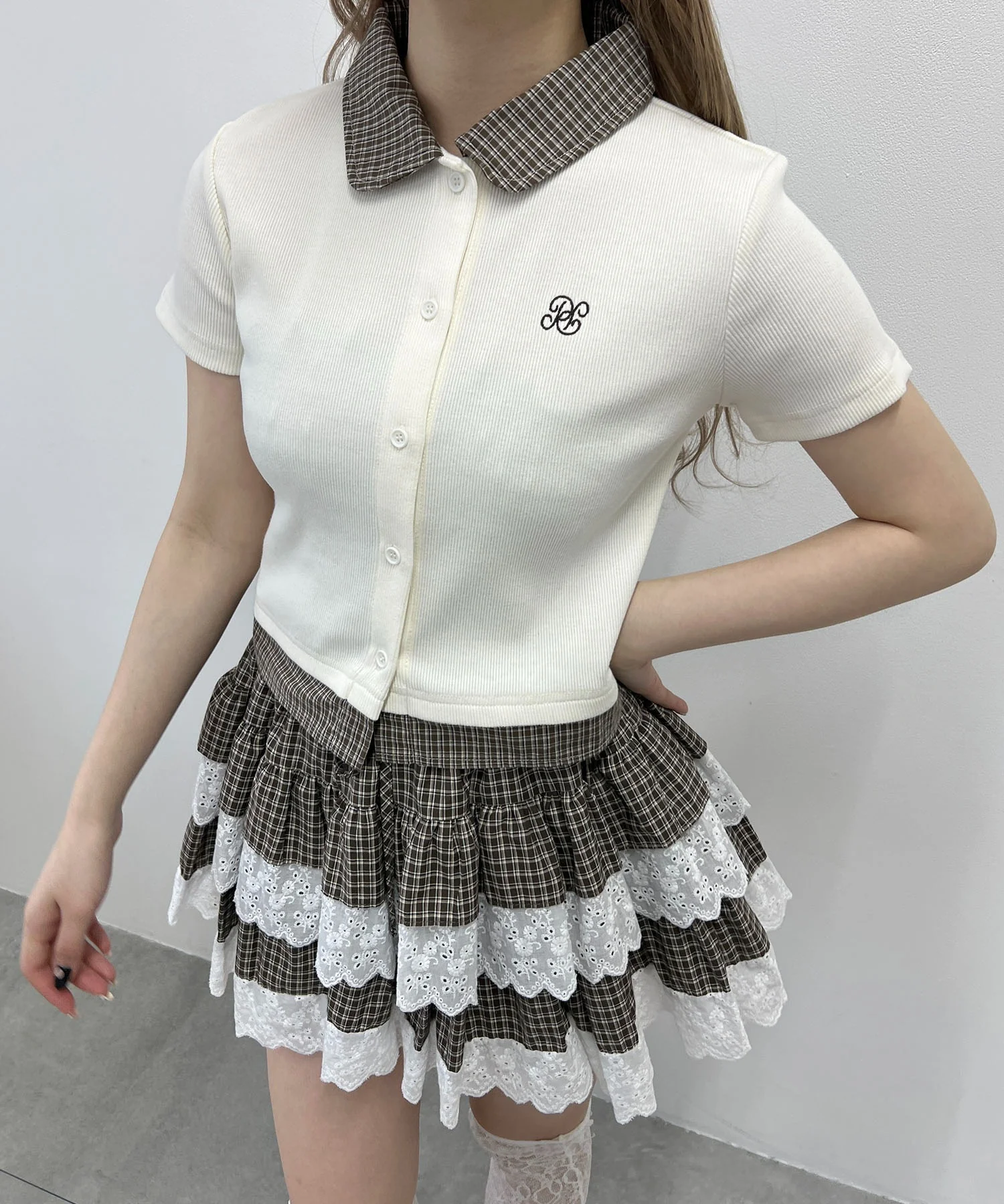 チェックドッキング半袖カーデ - Image 4