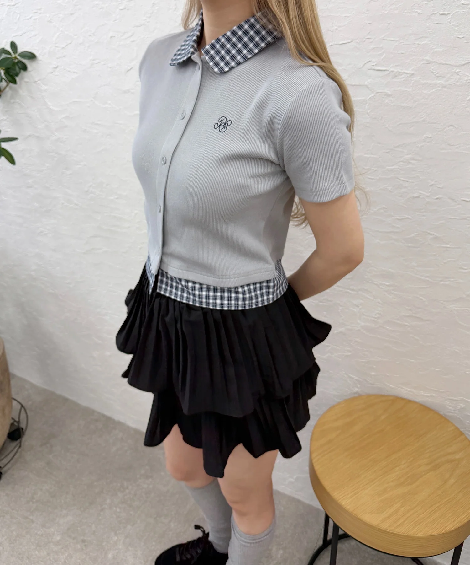 チェックドッキング半袖カーデ - Image 8