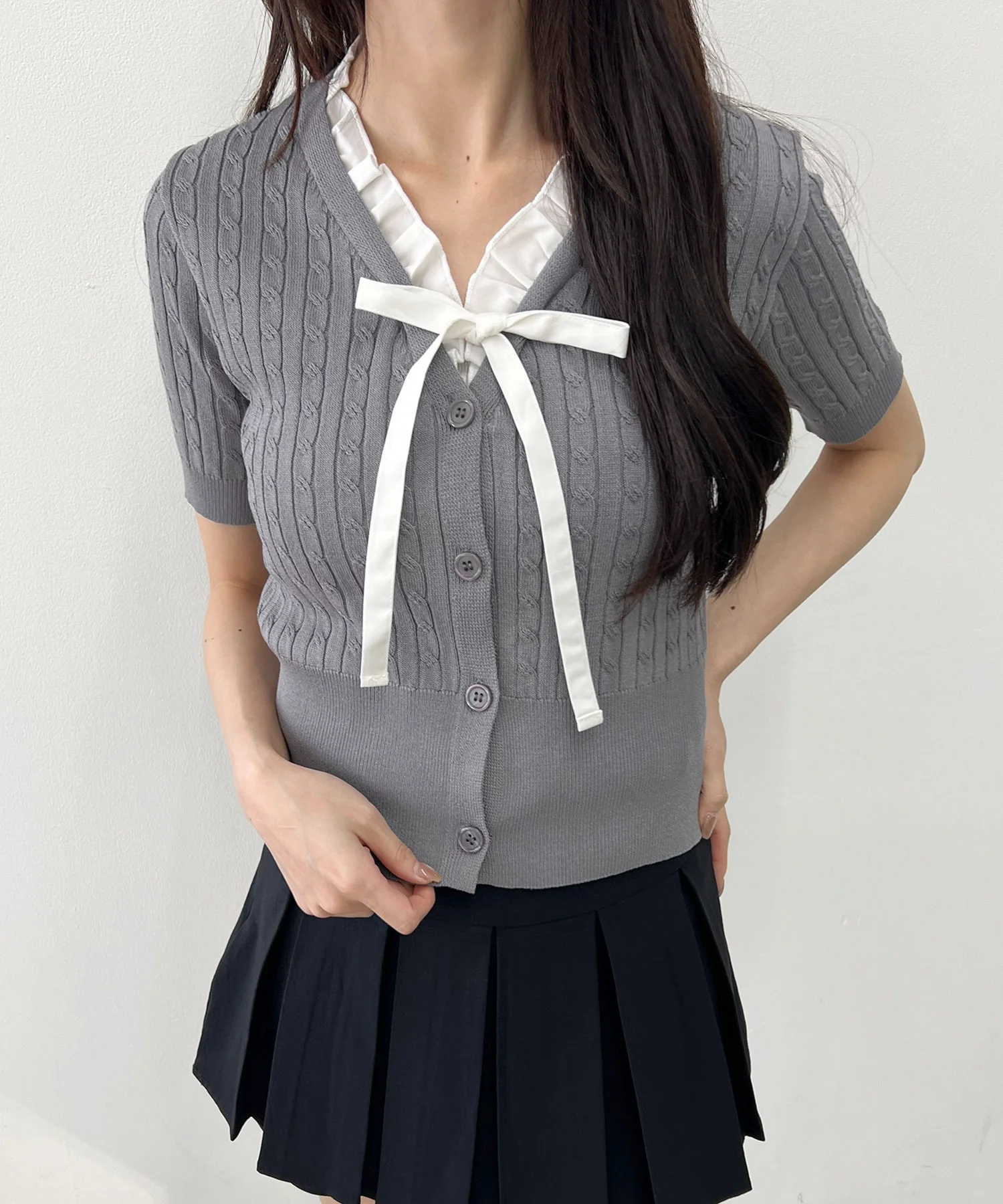 フリルネックケーブル半袖カーディガン - Image 10
