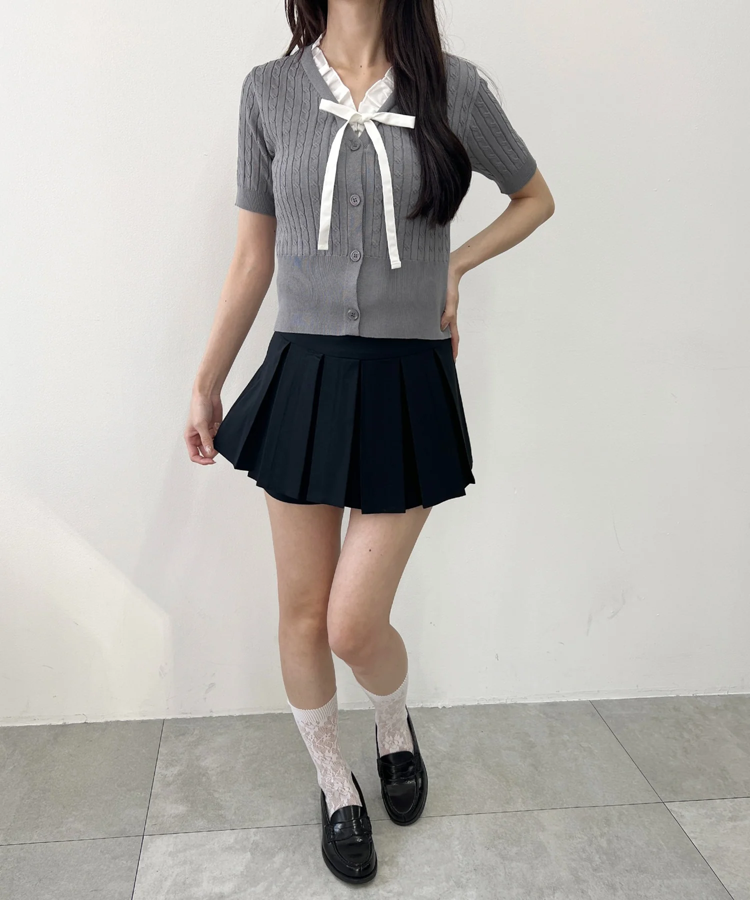 フリルネックケーブル半袖カーディガン - Image 13