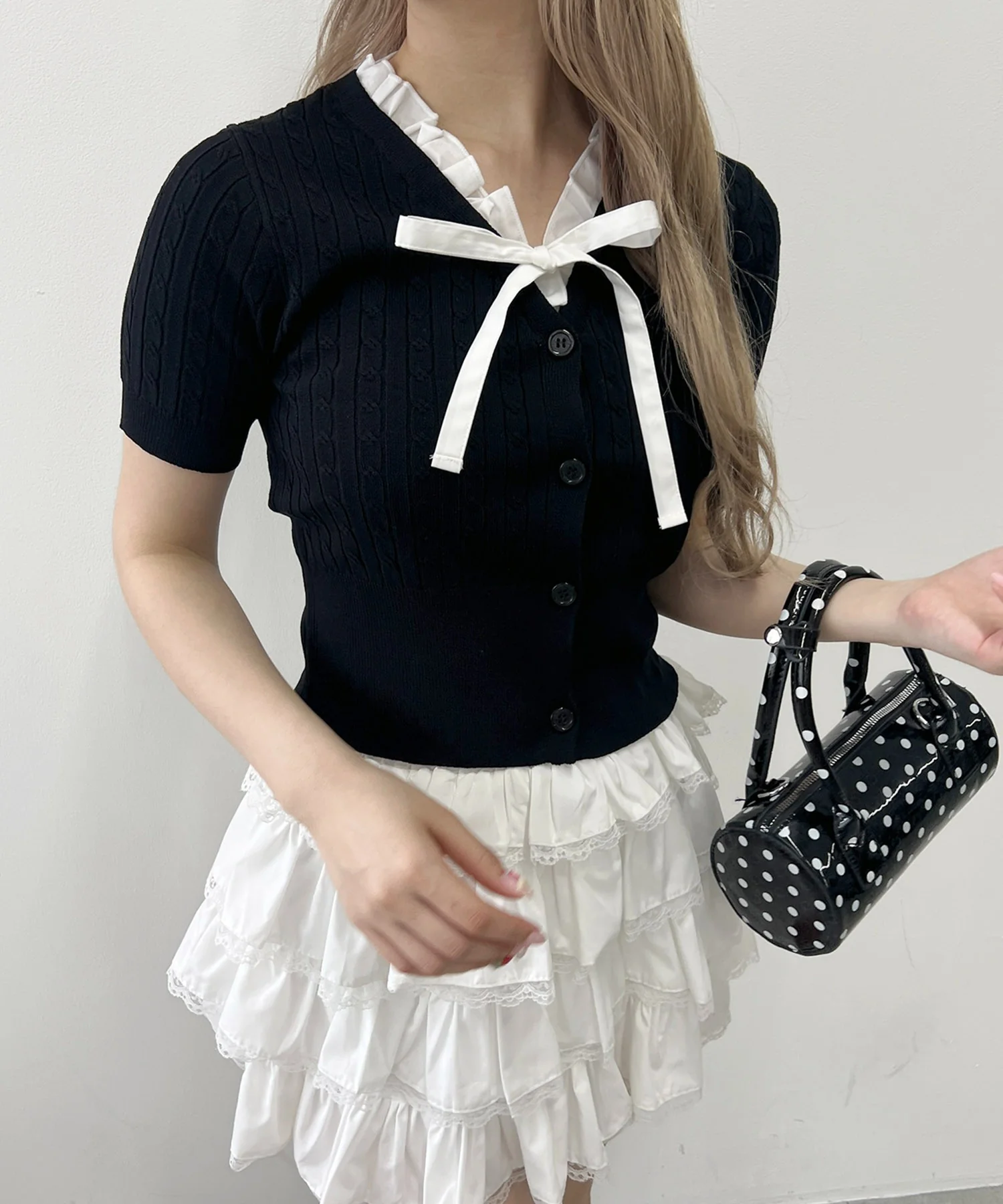 フリルネックケーブル半袖カーディガン - Image 14