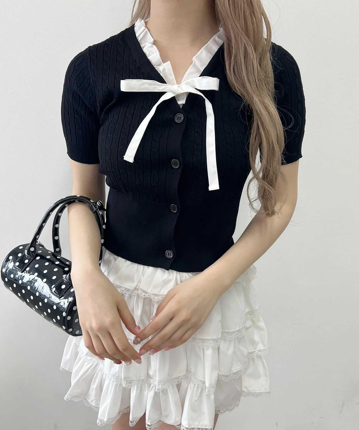 フリルネックケーブル半袖カーディガン - Image 3