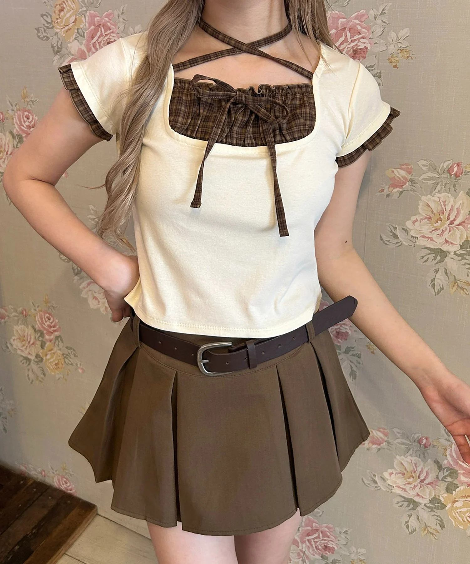 チェックレイヤードチョーカーTシャツ - Image 2