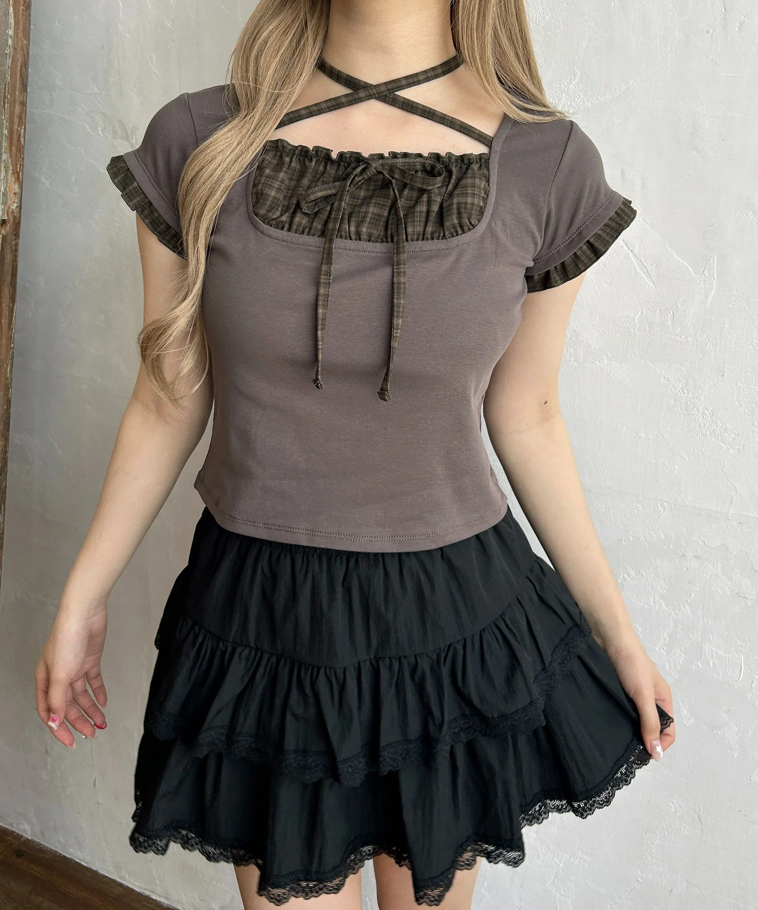 チェックレイヤードチョーカーTシャツ - Image 3