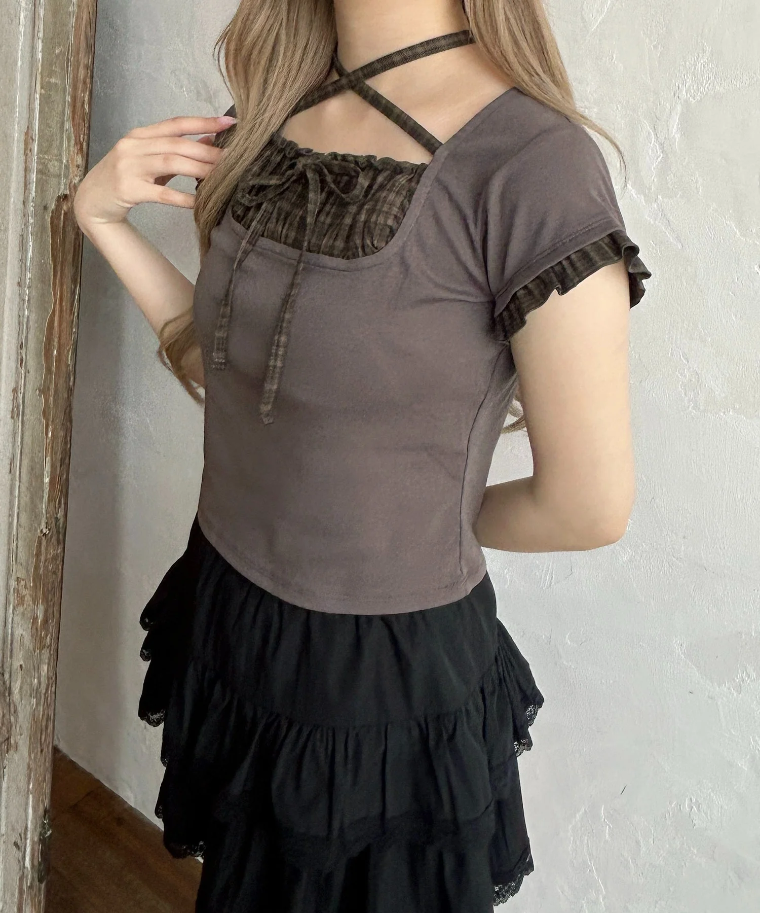 チェックレイヤードチョーカーTシャツ - Image 4