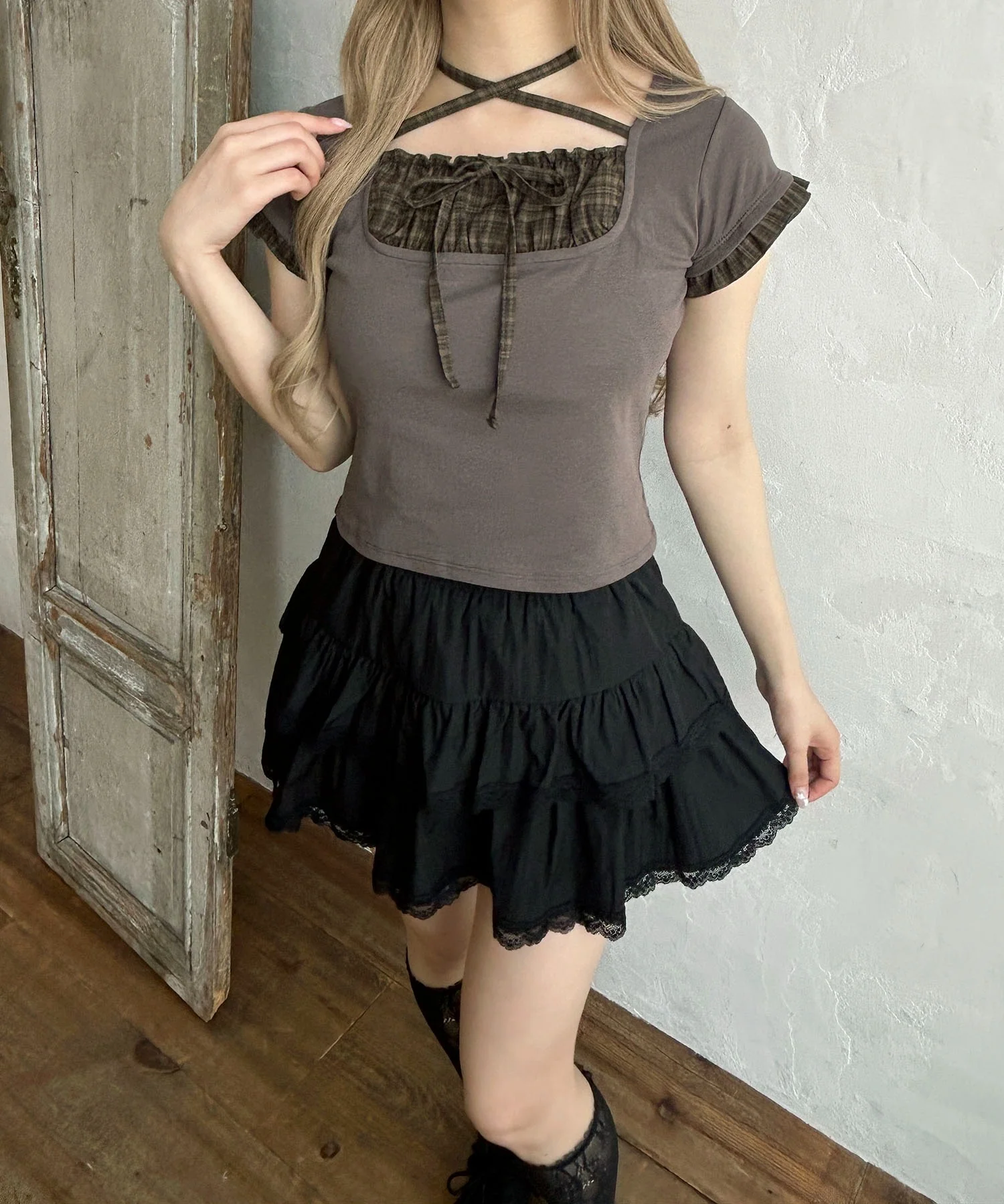 チェックレイヤードチョーカーTシャツ - Image 5