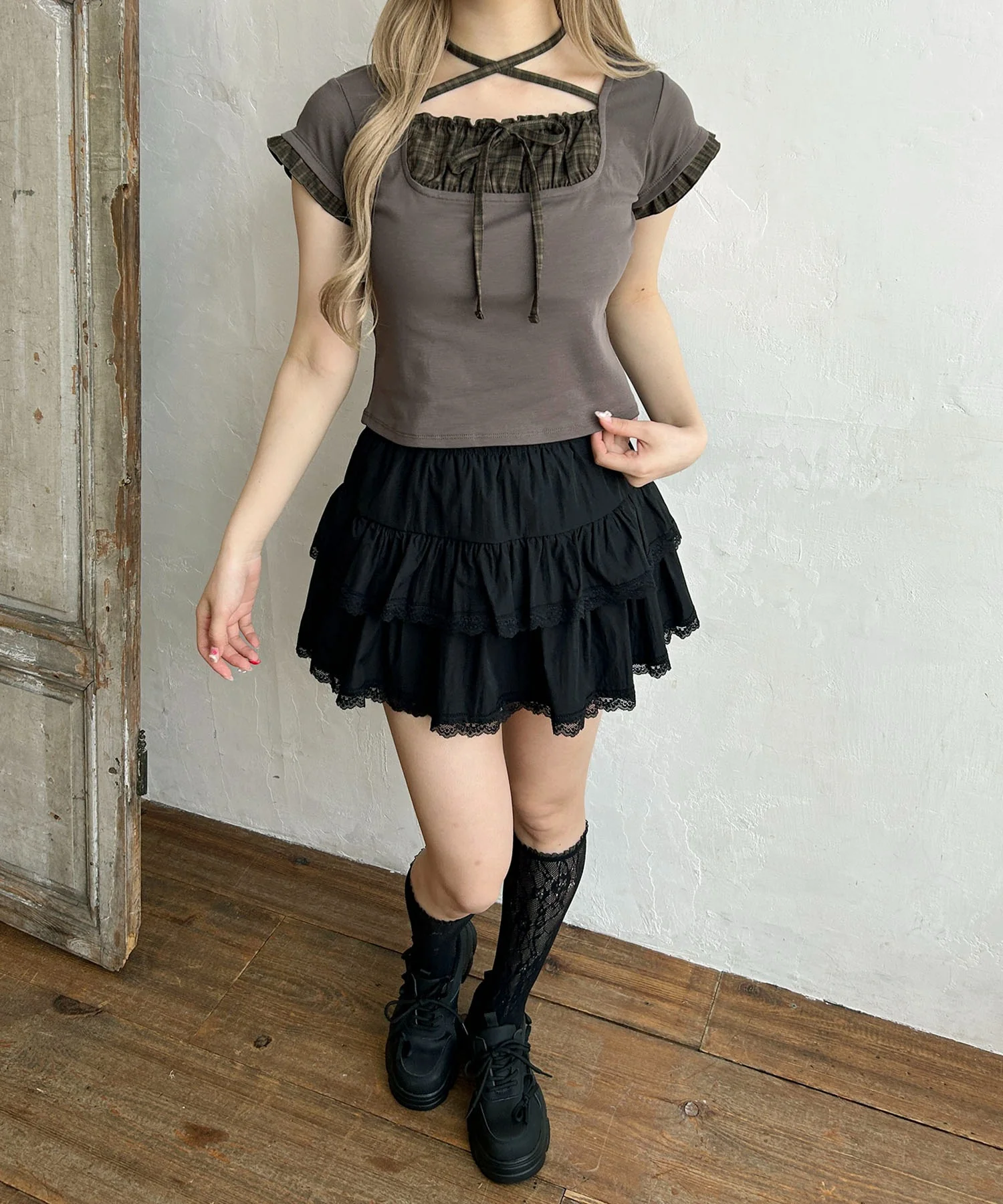 チェックレイヤードチョーカーTシャツ - Image 8