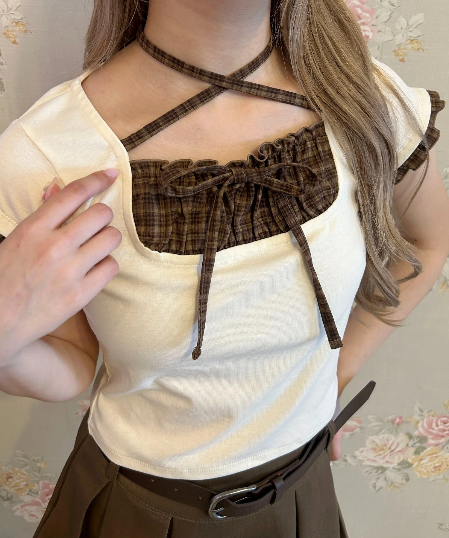 チェックレイヤードチョーカーTシャツ - Image 9