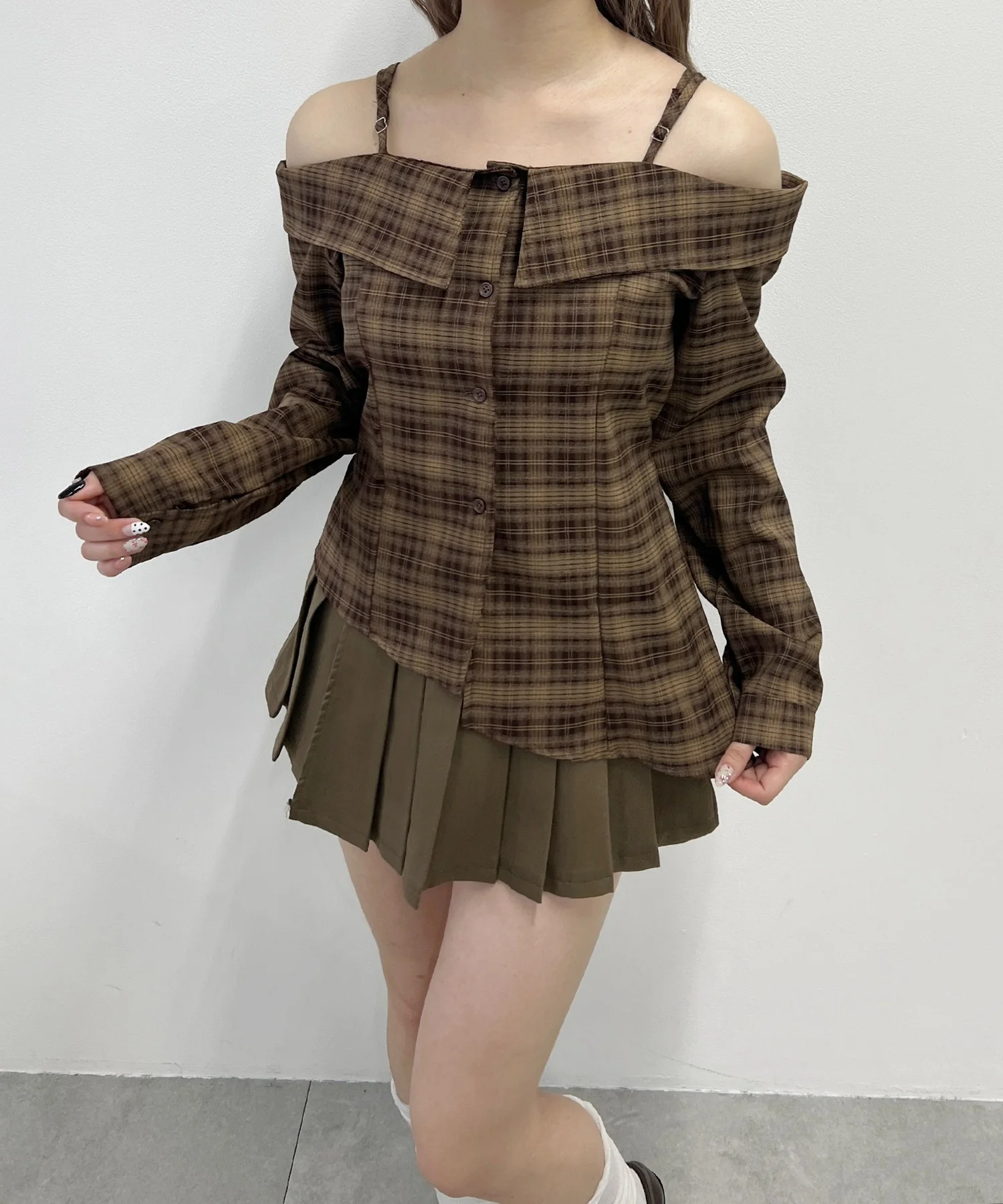 リボンベルトオフショルチェックシャツ - Image 3