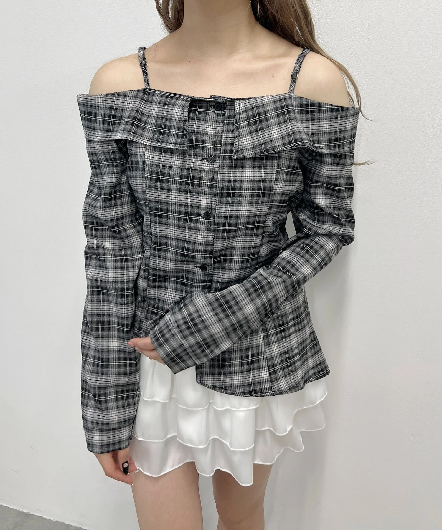 リボンベルトオフショルチェックシャツ - Image 9