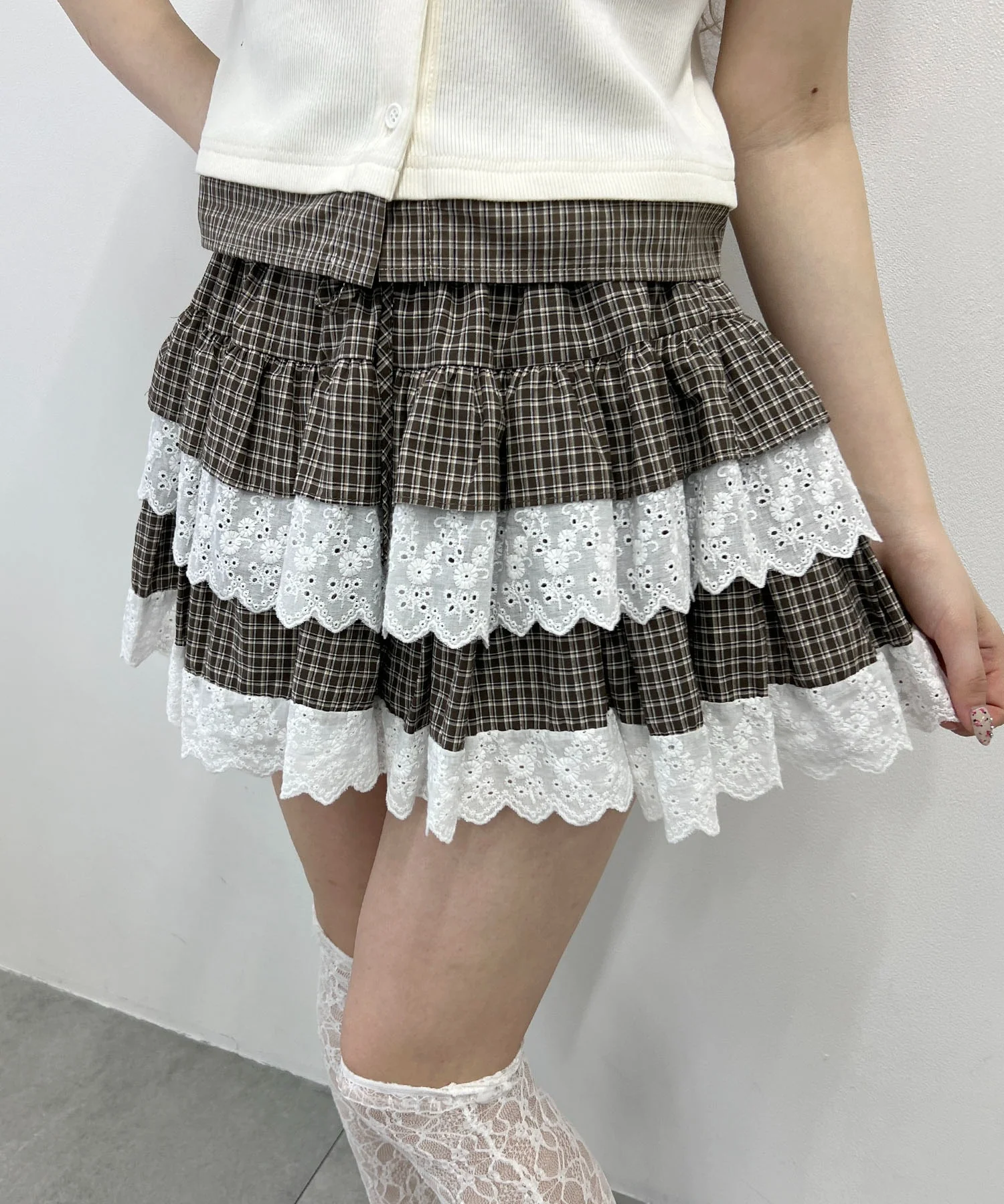 レースサンドチェックミニスカート - Image 3