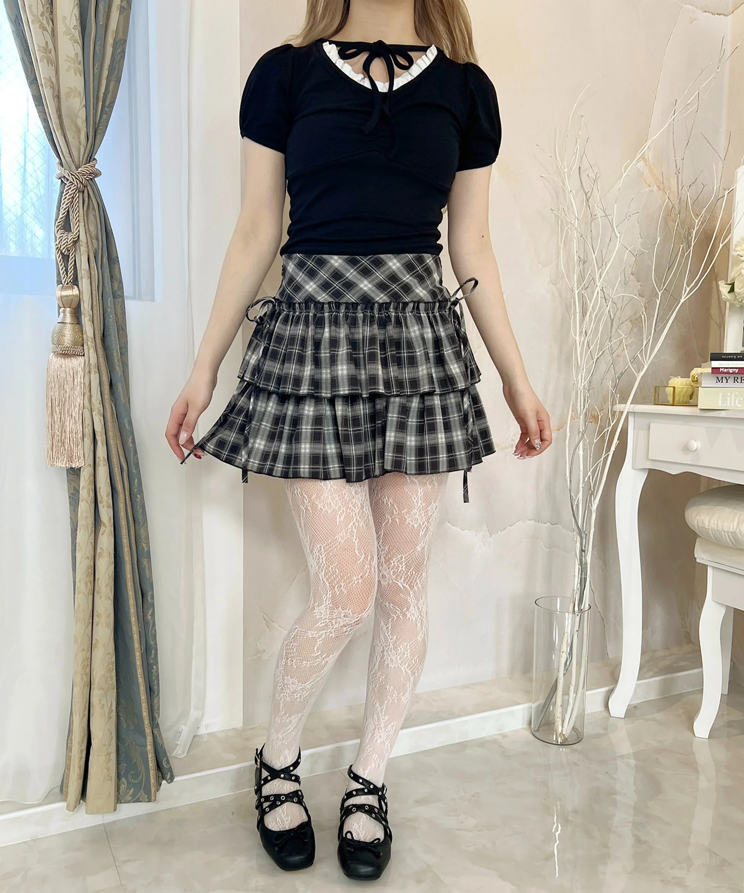 ダブルリボンチェックミニスカート - Image 17