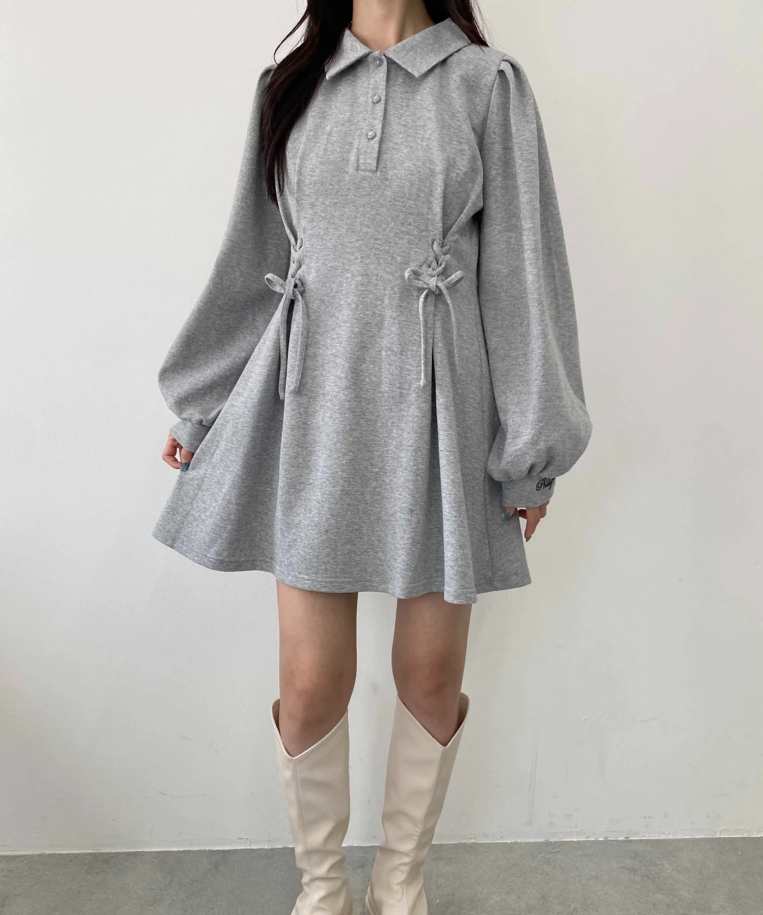 レースアップ長袖ポロワンピース - Image 5