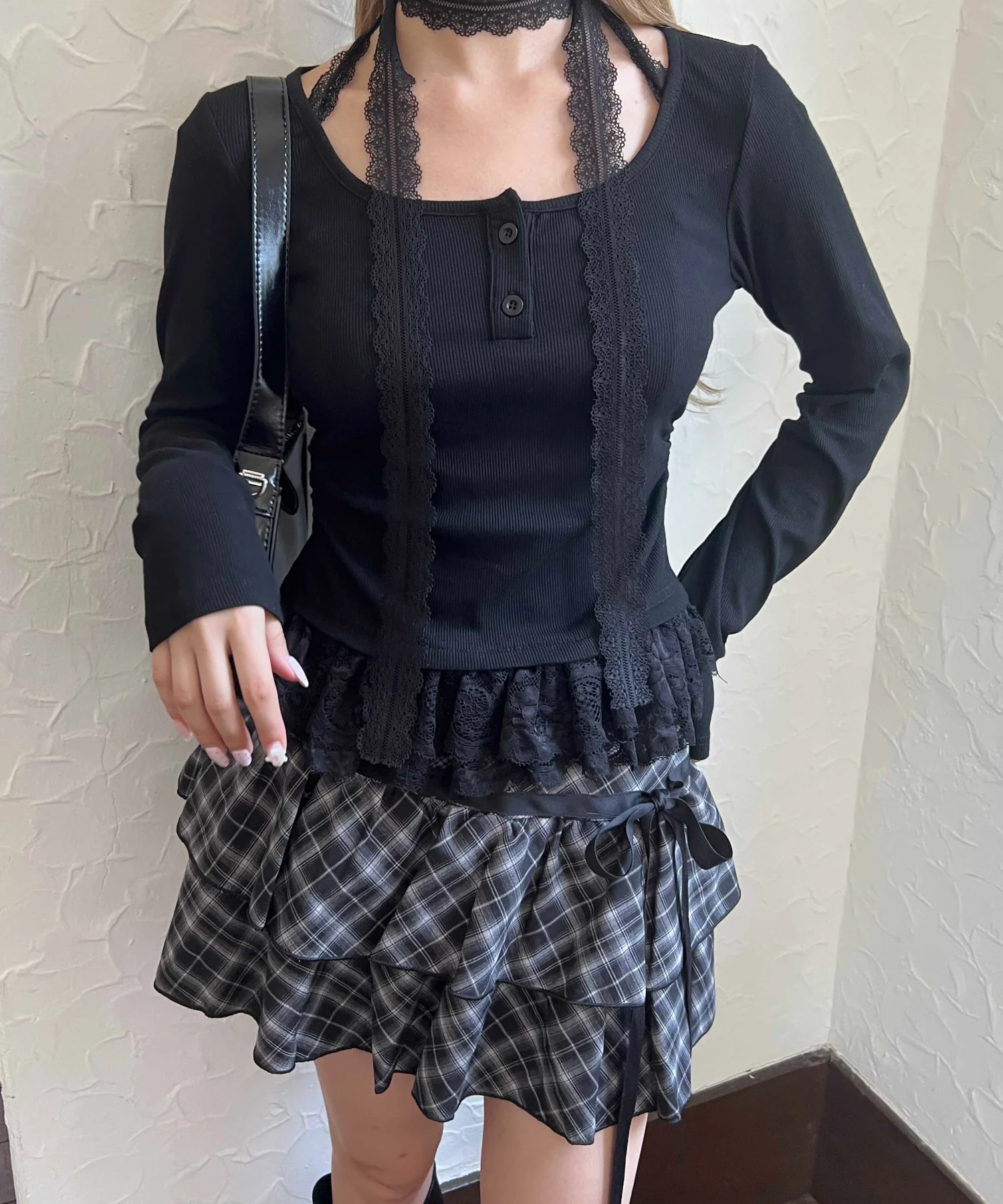 レースチョーカー長袖ドッキングトップス - Image 17
