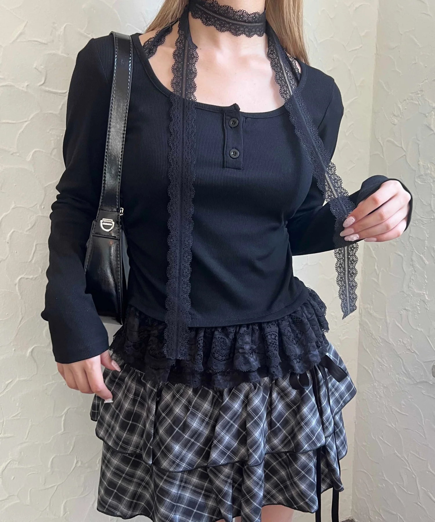 レースチョーカー長袖ドッキングトップス - Image 18